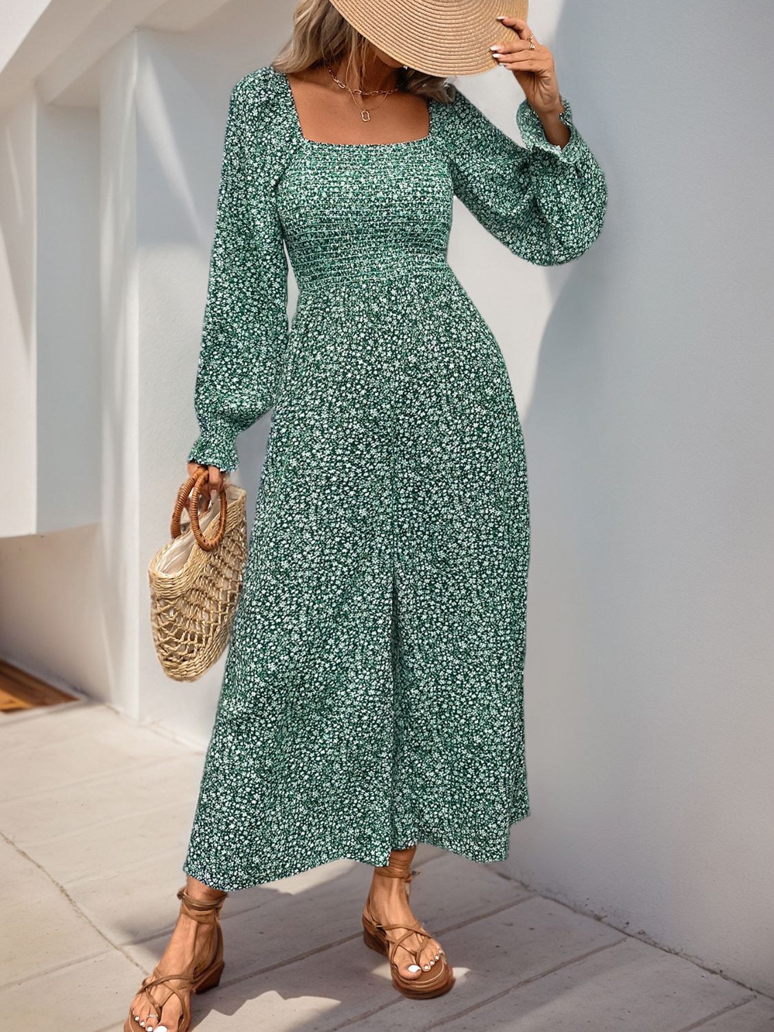 Perfee Smocked Printed Long Sleeve Wide Leg Jumpsuit-TOPS / DRESSES-[Adult]-[Female]-2022 Online Blue Zone Planet