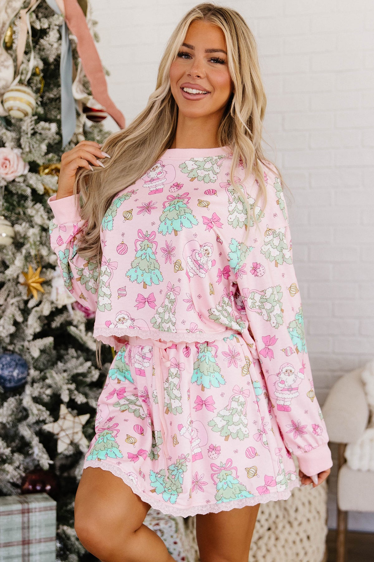 Pink Floral Print Lace Trim Long Sleeve Skirt Set-Two Piece Sets/Two Piece Dresses-[Adult]-[Female]-2022 Online Blue Zone Planet