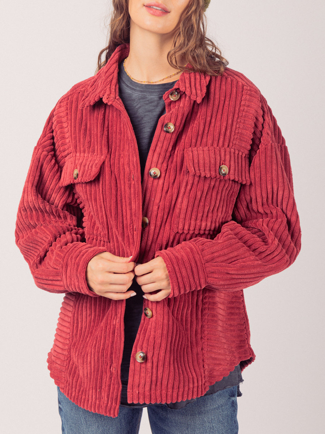 Blue Zone Planet | Button Up Long Sleeve Corduroy Jacket-TOPS / DRESSES-[Adult]-[Female]-Deep Red-S-2022 Online Blue Zone Planet