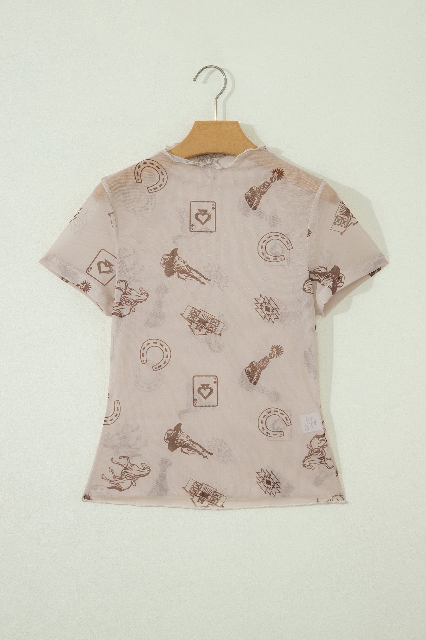 Oatmeal Western Printed Mesh Short Sleeve Top-Tops/Tops & Tees-[Adult]-[Female]-2022 Online Blue Zone Planet