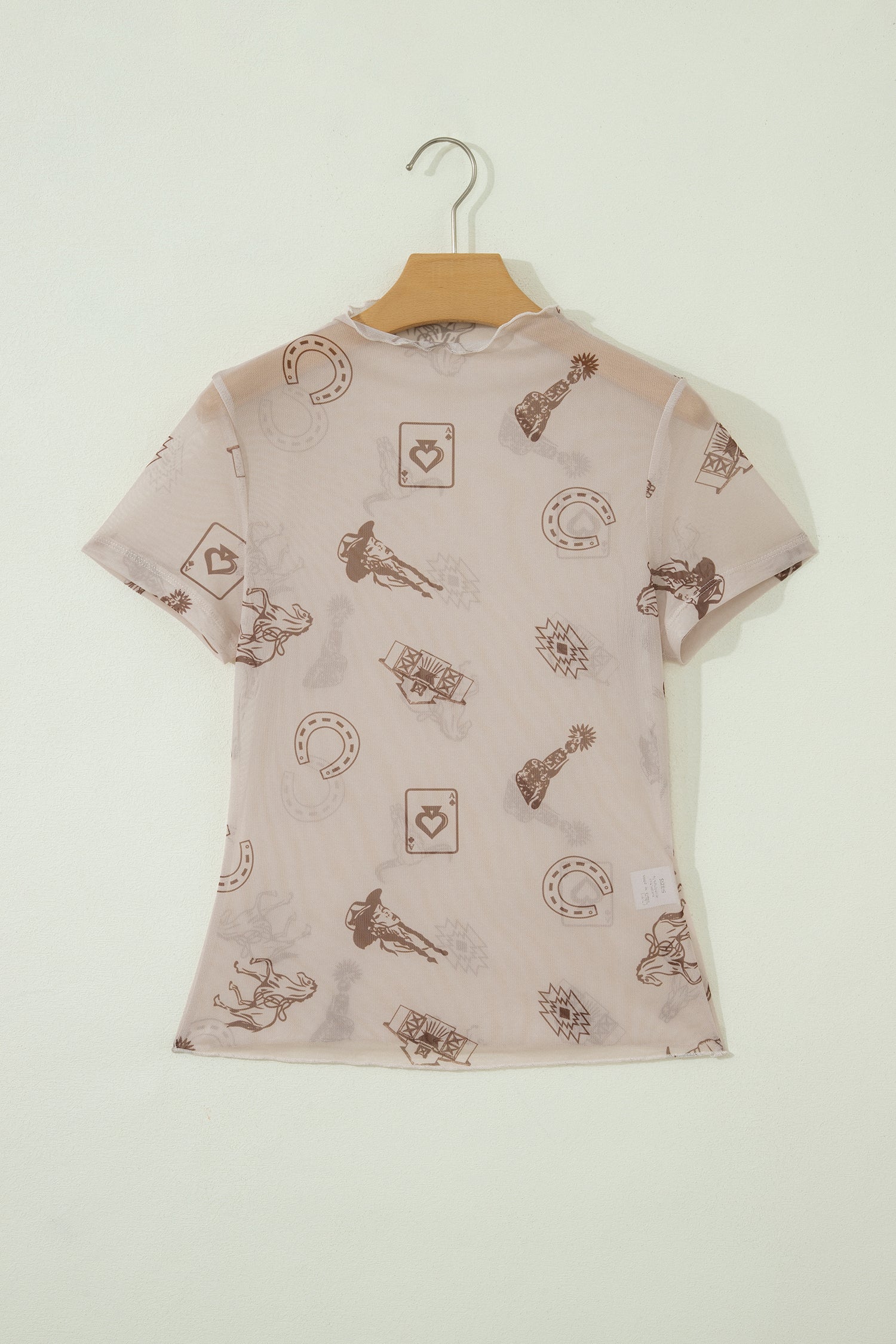 Oatmeal Western Printed Mesh Short Sleeve Top-Tops/Tops & Tees-[Adult]-[Female]-2022 Online Blue Zone Planet