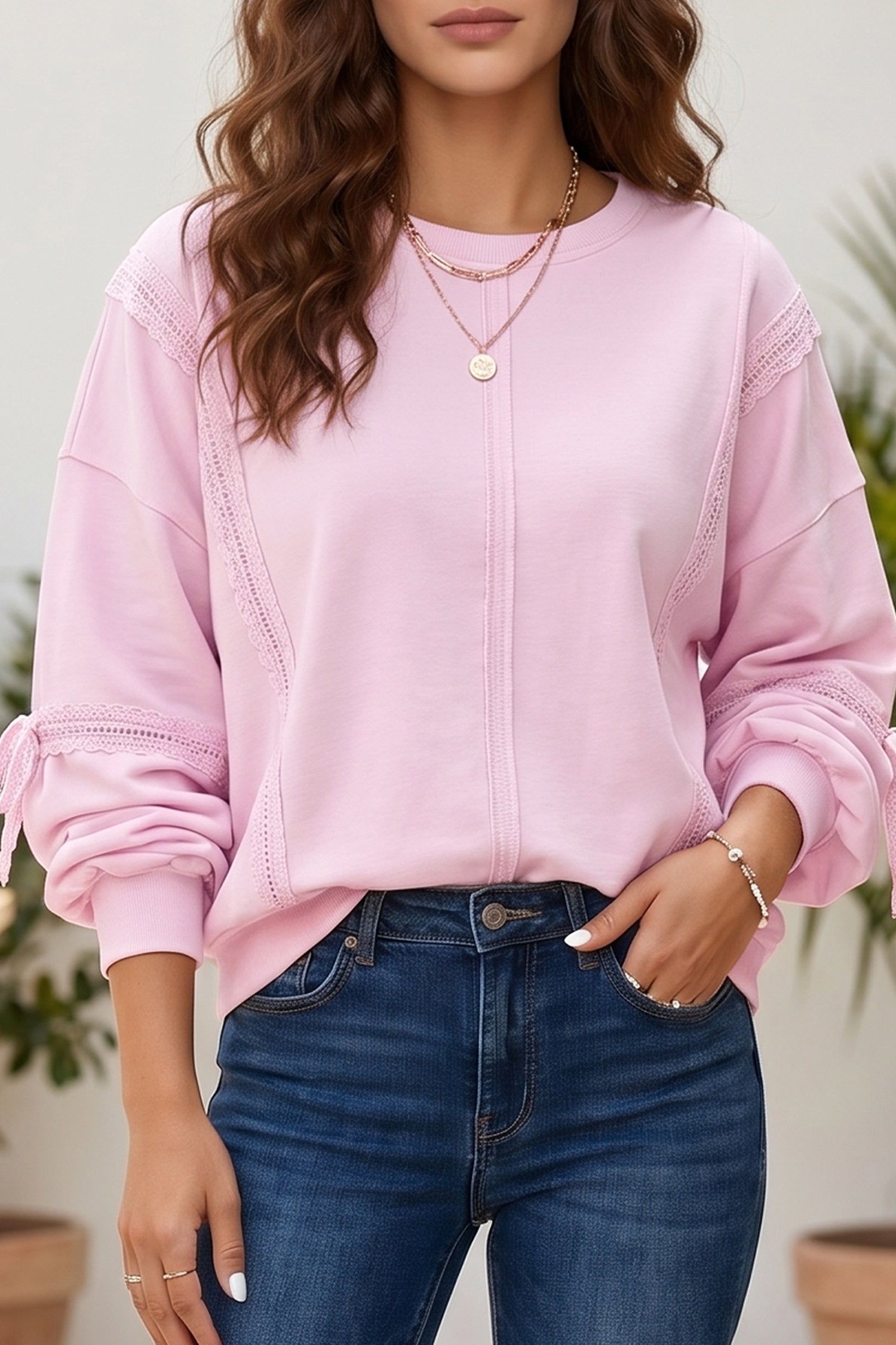 Pink Solid Color Raw Seam Lace Detail Loose Casual Sweatshirt-Tops/Sweatshirts & Hoodies-[Adult]-[Female]-Pink-S-2022 Online Blue Zone Planet