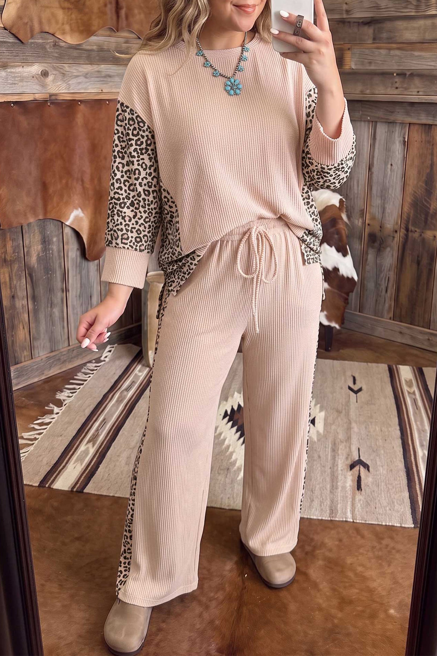 Light French Beige Leopard Print Ribbed Twist Long Sleeve Top Pants Plus Size Set-Plus Size/Plus Size Loungewear-[Adult]-[Female]-Light French Beige-1X-2022 Online Blue Zone Planet