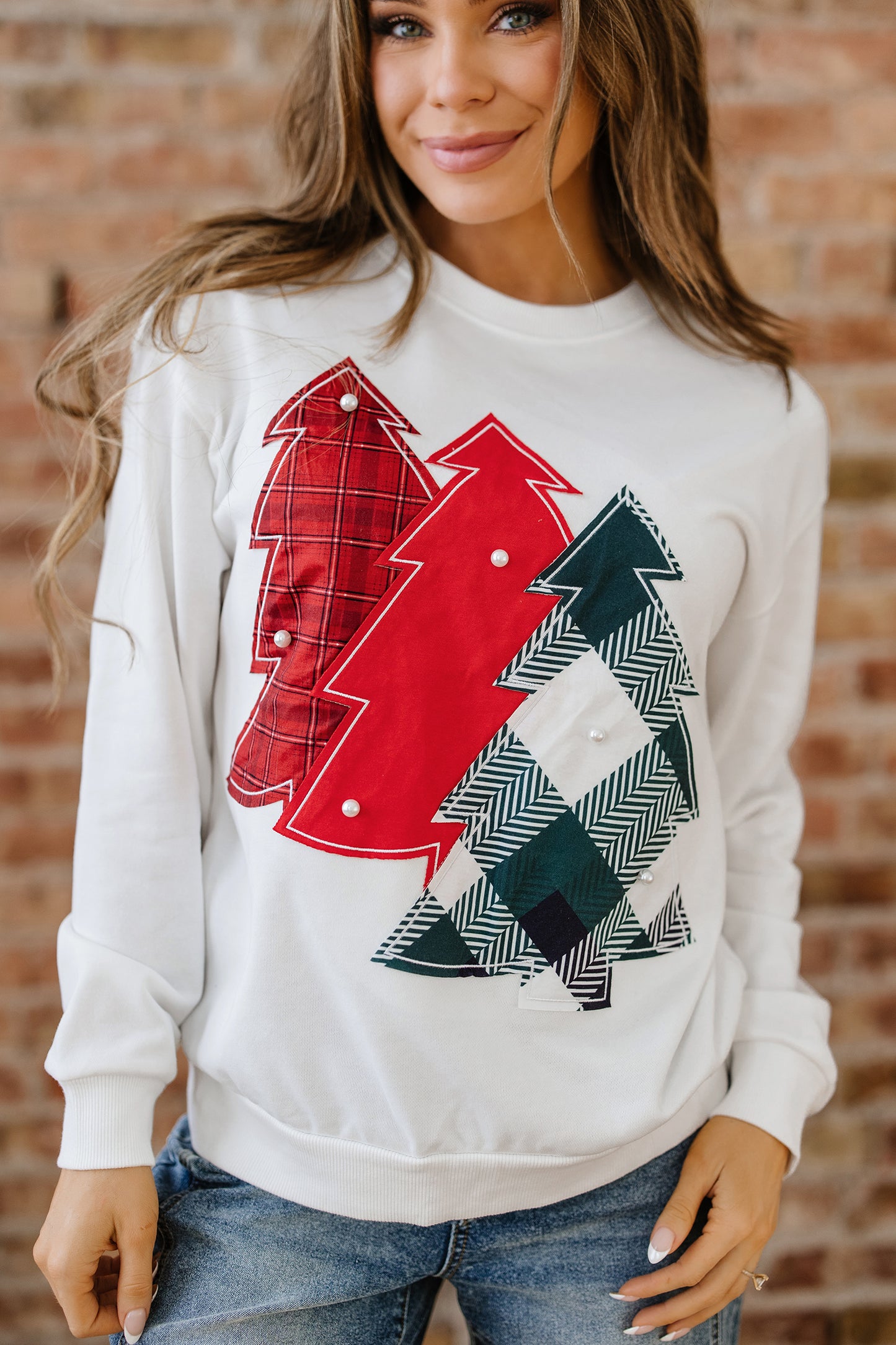 White Pearl Plaid Christmas Tree Patched Drop Shoulder Sweatshirt-Tops/Sweatshirts & Hoodies-[Adult]-[Female]-2022 Online Blue Zone Planet