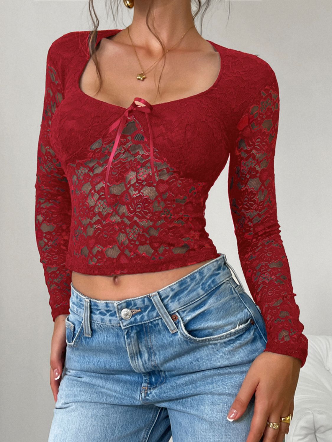 Blue Zone Planet | Devine Scoop Neck Long Sleeve Lace Top-TOPS / DRESSES-[Adult]-[Female]-Burgundy-S-2022 Online Blue Zone Planet