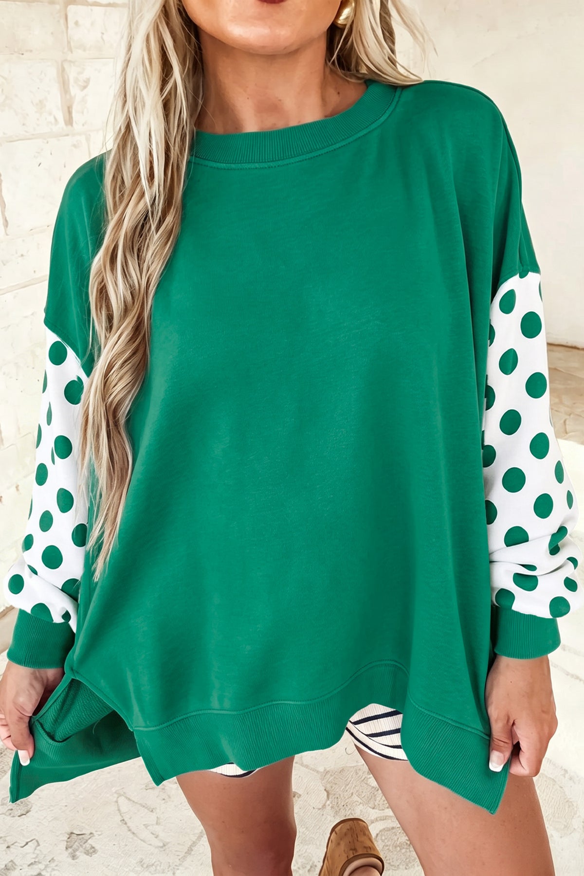 Green Polka Dot Patchwork Sleeve Crew Neck Loose Pullover Sweatshirt-Tops/Sweatshirts & Hoodies-[Adult]-[Female]-2022 Online Blue Zone Planet