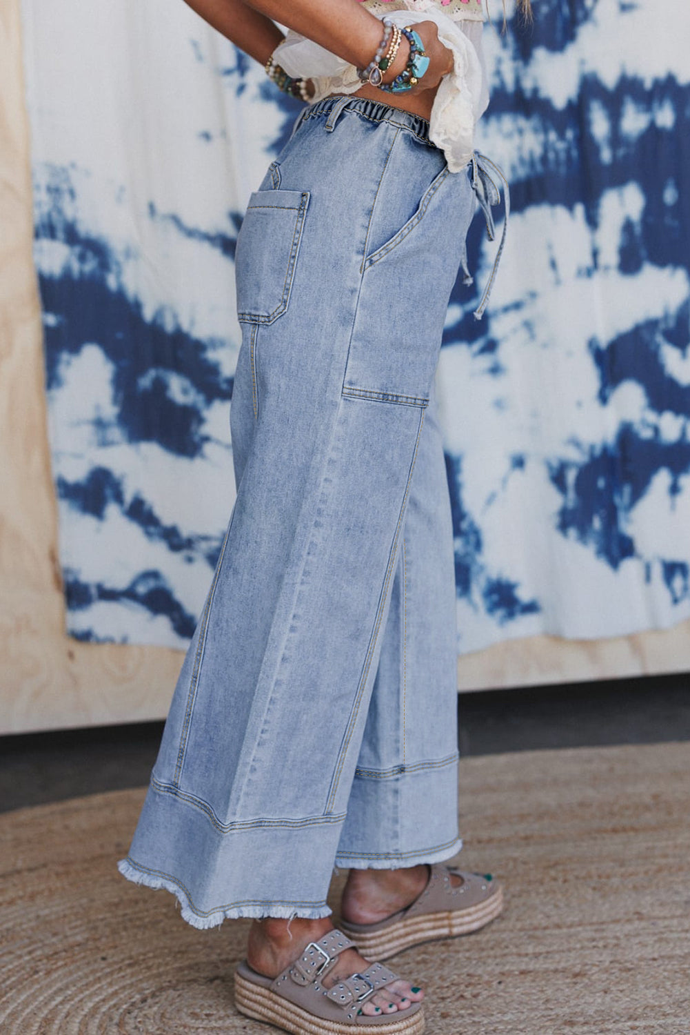 Beau Blue Drawstring Seam Detail Raw Hem Wide Leg Denim Pants-Bottoms/Jeans-[Adult]-[Female]-2022 Online Blue Zone Planet