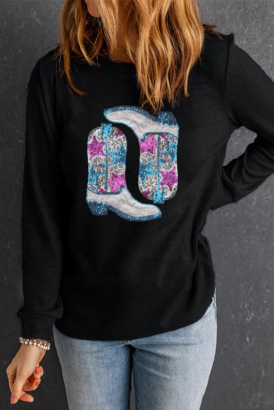 Boots Round Neck Long Sleeve Sweatshirt-TOPS / DRESSES-[Adult]-[Female]-Black-S-2022 Online Blue Zone Planet