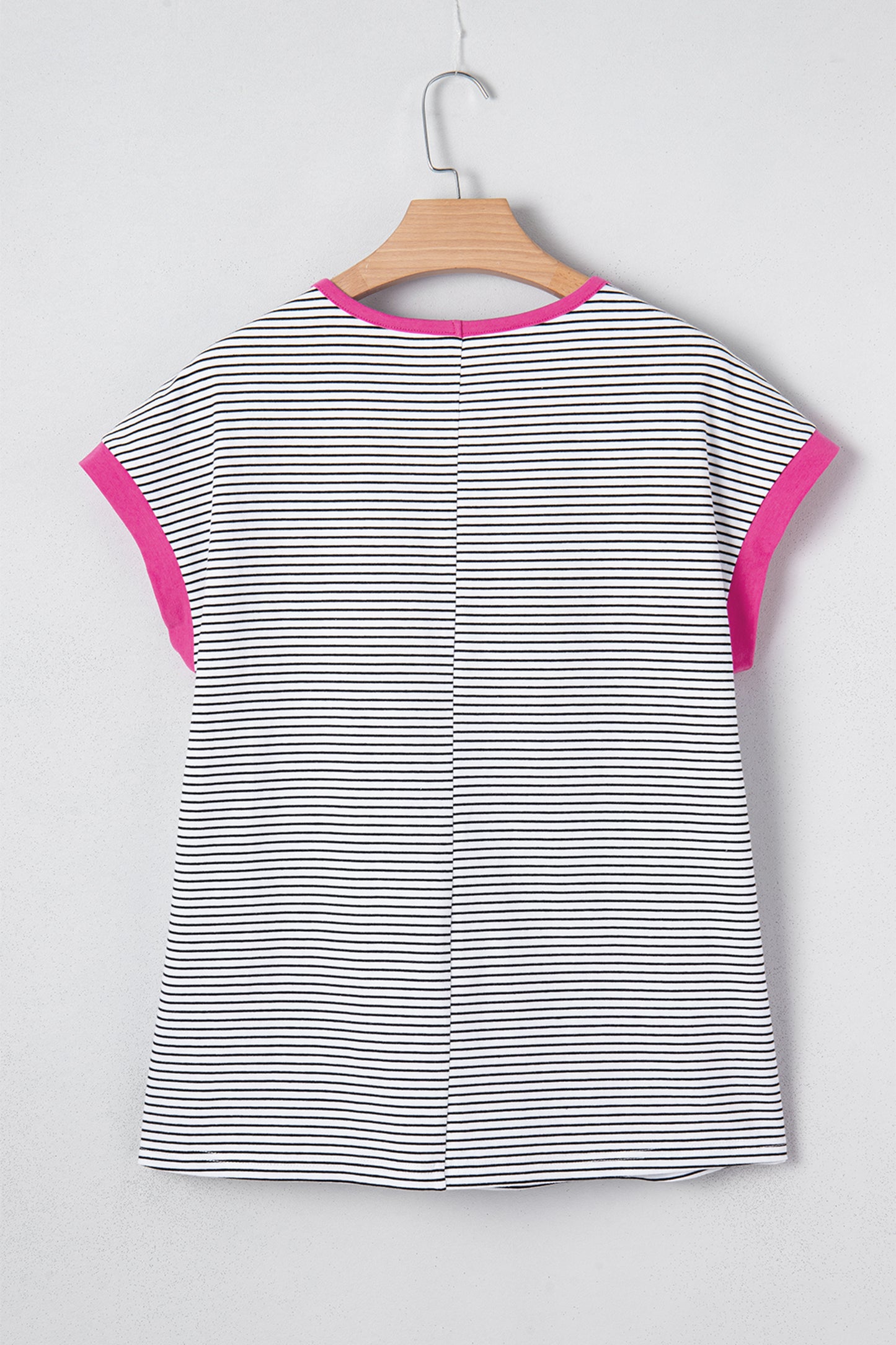 Rose Stripe Contrast Trim Round Neck Summer T Shirt-Tops/Tops & Tees-[Adult]-[Female]-2022 Online Blue Zone Planet
