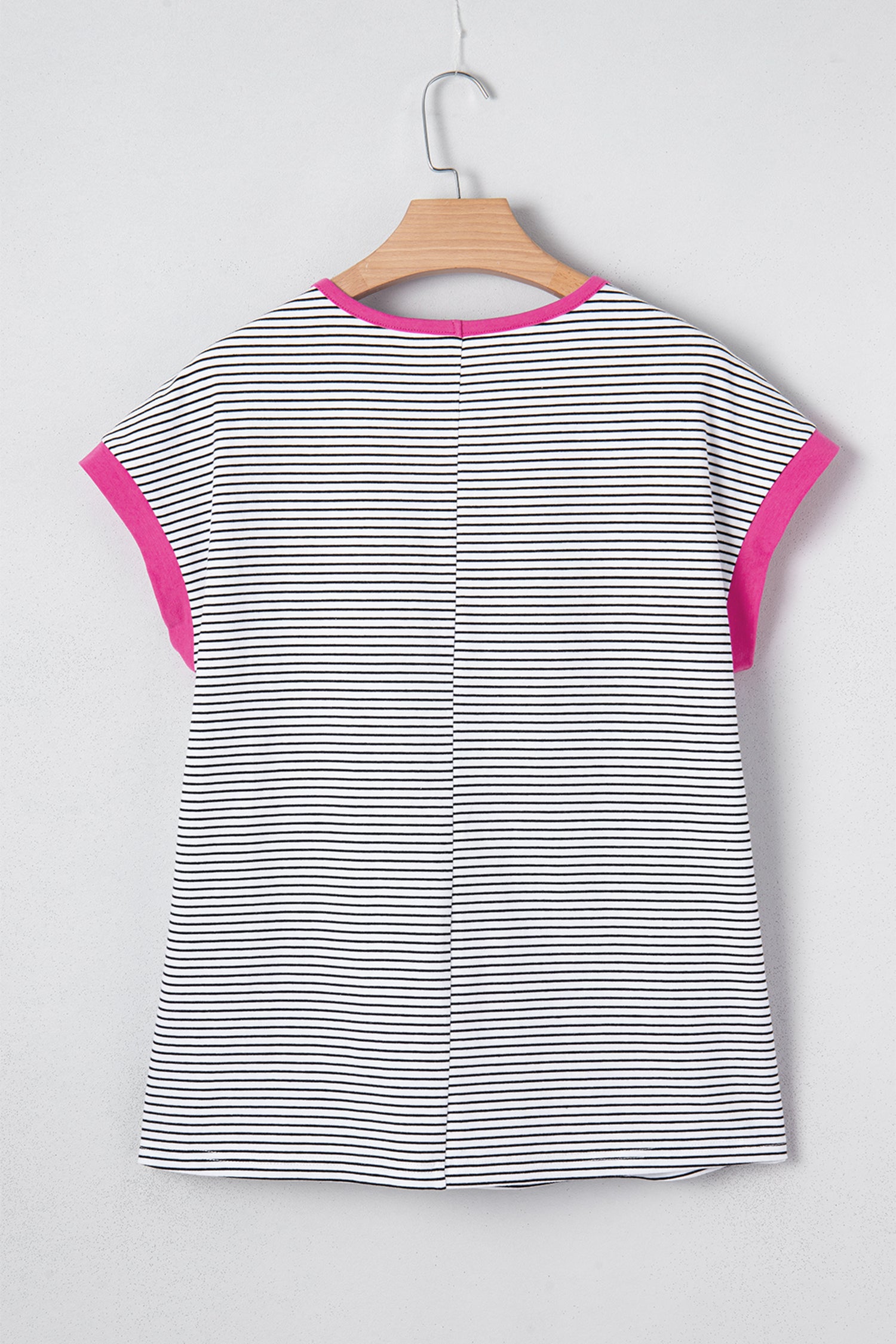 Rose Stripe Contrast Trim Round Neck Summer T Shirt-Tops/Tops & Tees-[Adult]-[Female]-2022 Online Blue Zone Planet