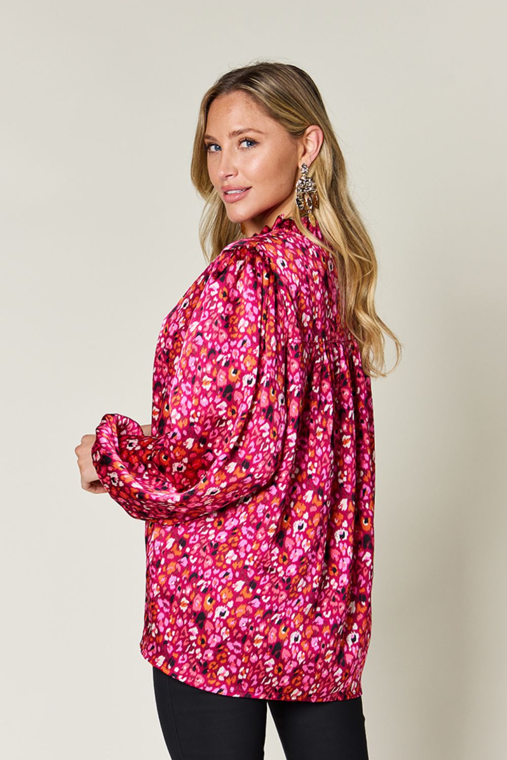 Blue Zone Planet | Double Take Full Size Printed Balloon Sleeve Shirt-TOPS / DRESSES-[Adult]-[Female]-2022 Online Blue Zone Planet