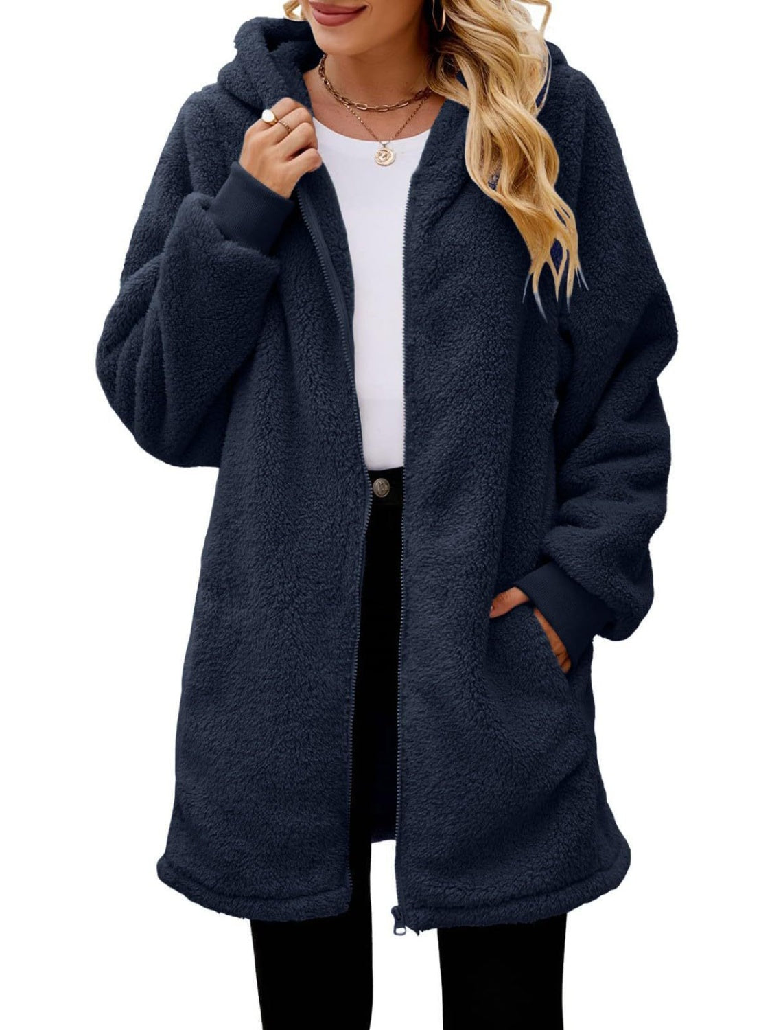 Fuzzy Pocketed Zip Up Long Sleeve Hooded Jacket-TOPS / DRESSES-[Adult]-[Female]-2022 Online Blue Zone Planet