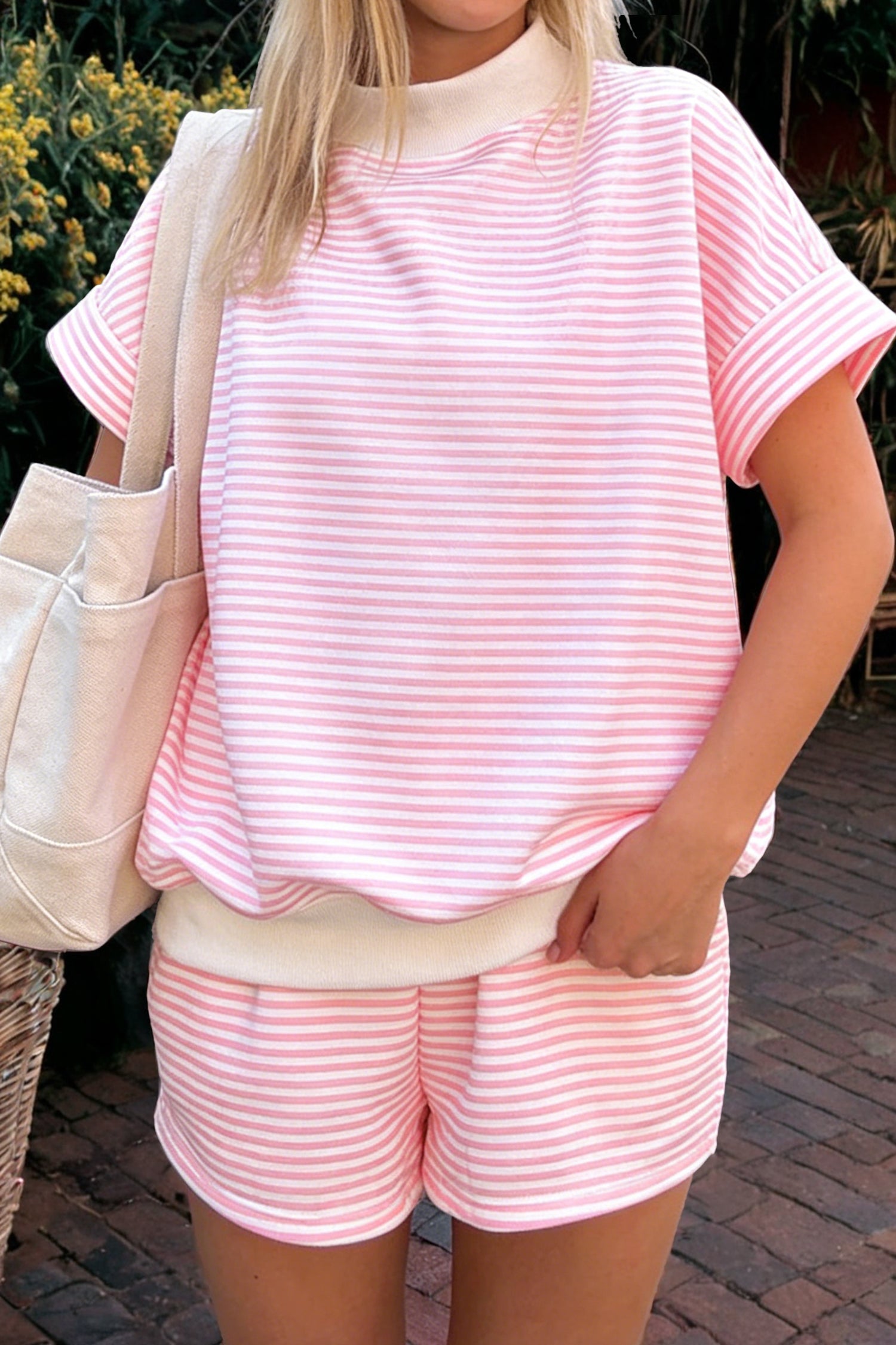 Pink Stripe Cuffed Sleeve Contrast Mock Neck Tee Casual 2pcs Short Set-Two Piece Sets/Short Sets-[Adult]-[Female]-Pink Stripe-S-2022 Online Blue Zone Planet