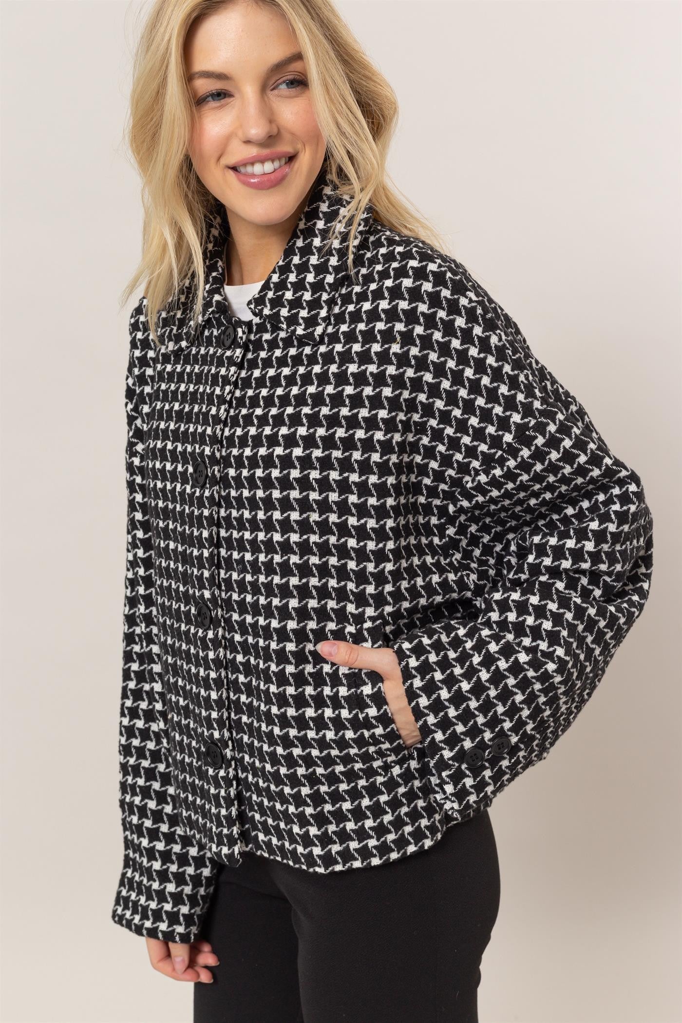 HYFVE Tweed Plaid Button Up Collared Neck Jacket-TOPS / DRESSES-[Adult]-[Female]-Black-S-2022 Online Blue Zone Planet