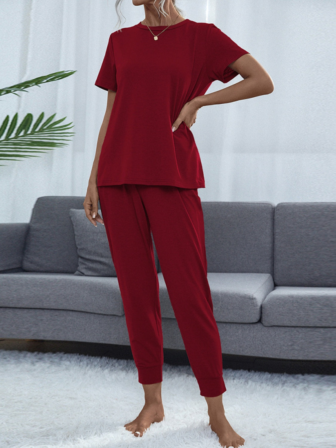 Shiny Round Neck Top and Pants Lounge Set-TOPS / DRESSES-[Adult]-[Female]-Burgundy-S-2022 Online Blue Zone Planet