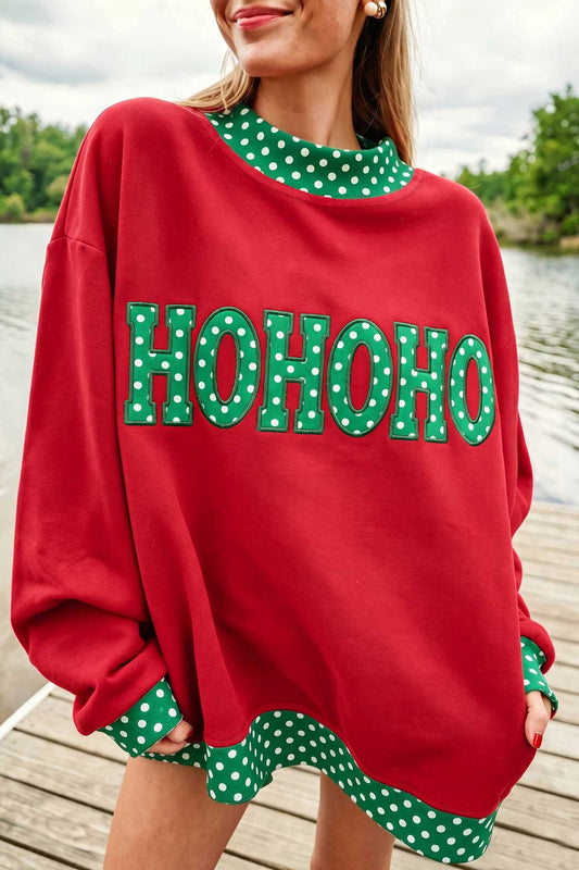 Fiery Red Polka Dot Letter Print Contrast Trim Mock Neck Sweatshirt-Tops/Sweatshirts & Hoodies-[Adult]-[Female]-Fiery Red-S-2022 Online Blue Zone Planet