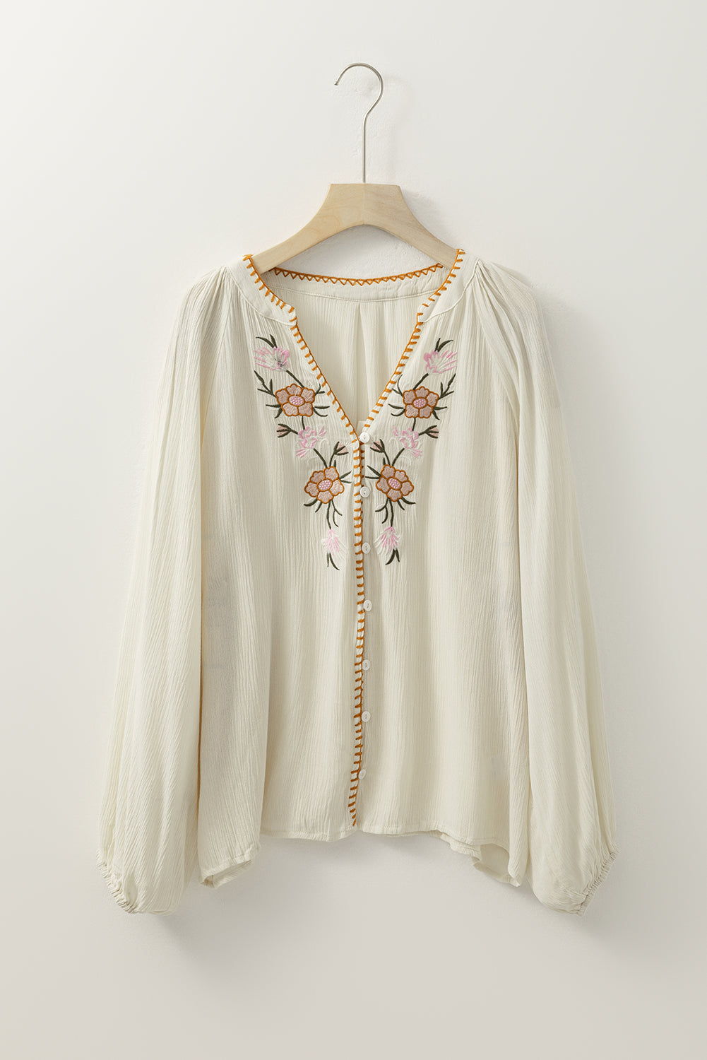 Blue Zone Planet | Beige Floral Embroidered Textured Puff Sleeve Loose Shirt-Tops/Blouses & Shirts-[Adult]-[Female]-2022 Online Blue Zone Planet