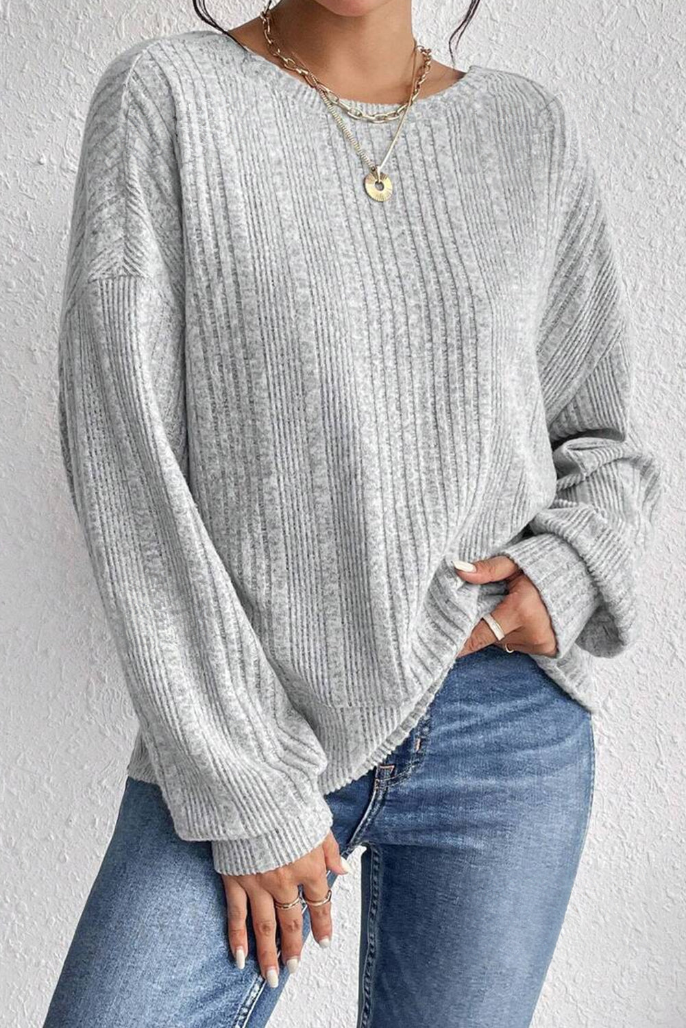 Blue Zone Planet | Light Grey Textured Crossover Backless Knit Long Sleeve Top-Tops/Long Sleeve Tops-[Adult]-[Female]-2022 Online Blue Zone Planet