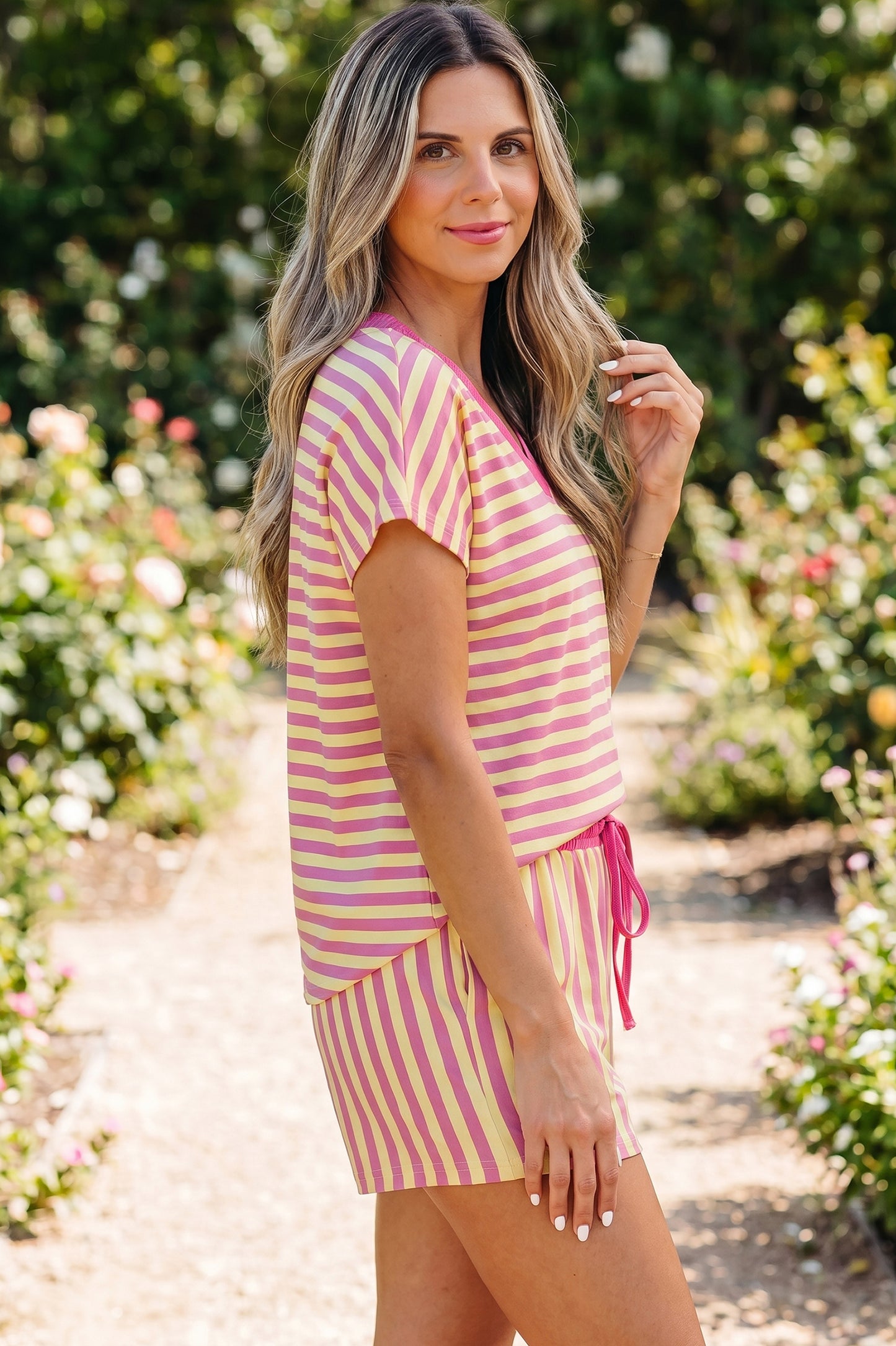 Green Stripe Colorblock Trim V Neck Tee Drawstring Elastic Waist Short Set-Two Piece Sets/Short Sets-[Adult]-[Female]-2022 Online Blue Zone Planet