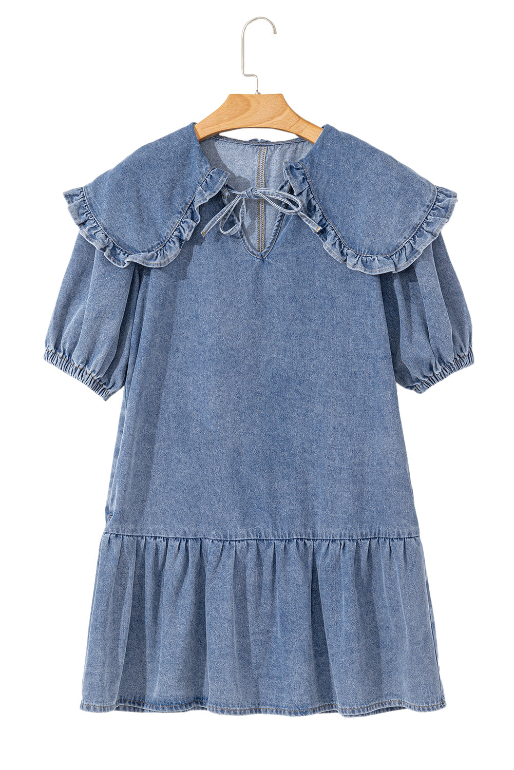 Blue Zone Planet | Dusk Blue Ruffled Collared Side Pockets Puff Sleeve Denim Mini Dress-TOPS / DRESSES-[Adult]-[Female]-2022 Online Blue Zone Planet