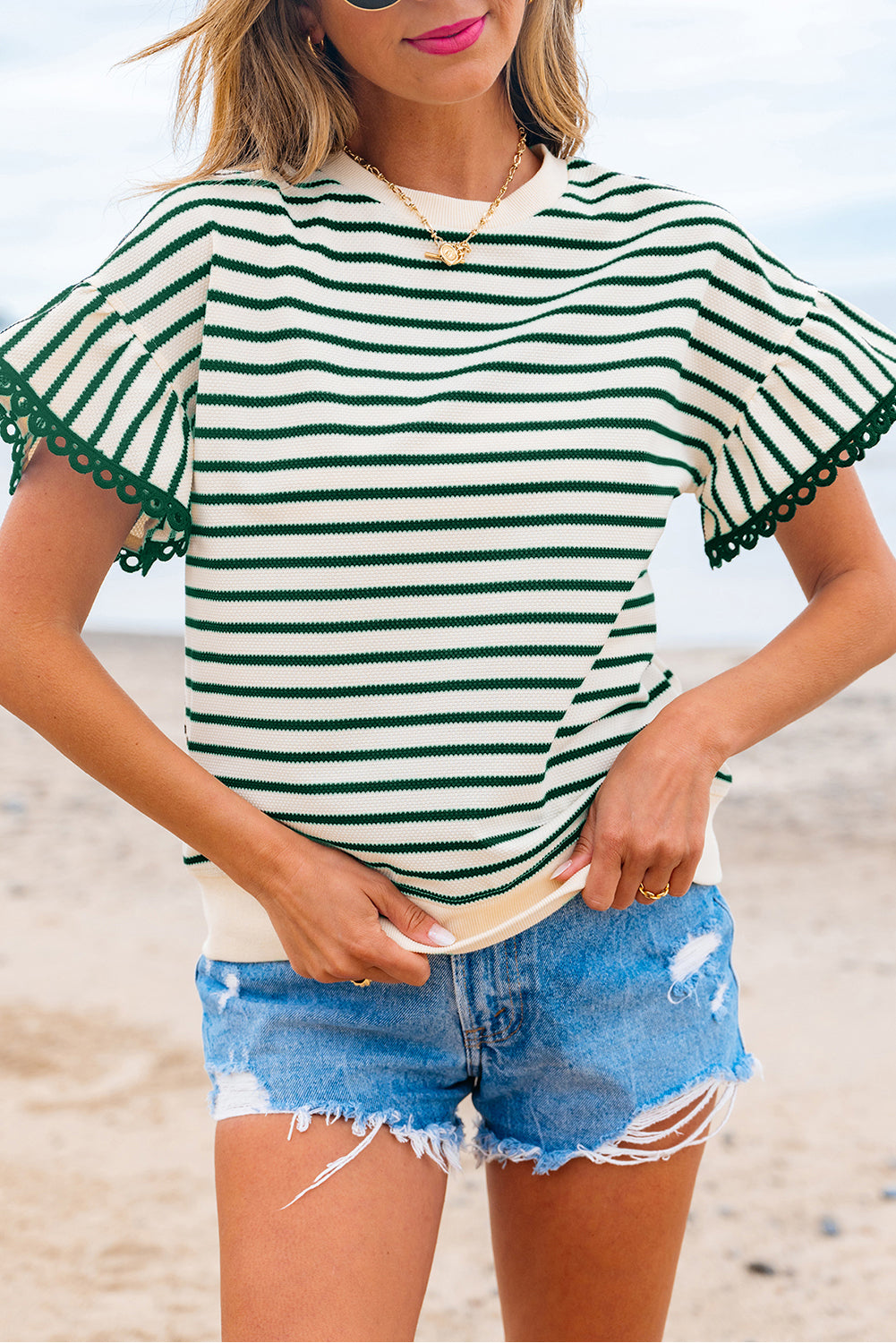 Green Stripe Scallop Lace Trim Ruffle Short Sleeves Crewneck Top-Tops/Blouses & Shirts-[Adult]-[Female]-2022 Online Blue Zone Planet
