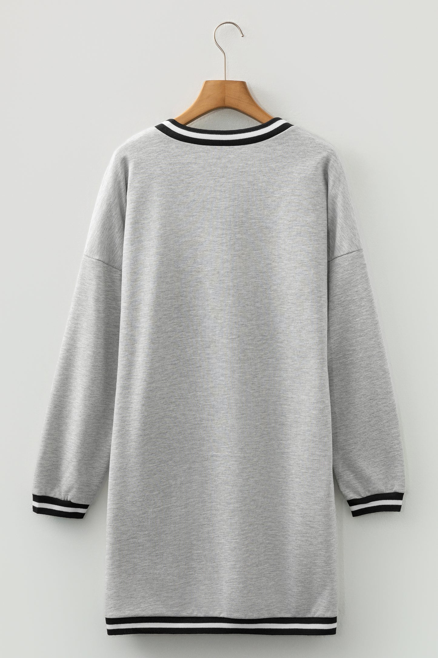 Light Grey Striped Trim V Neck Long Sleeve Preppy T Shirt Dress-TOPS / DRESSES-[Adult]-[Female]-2022 Online Blue Zone Planet