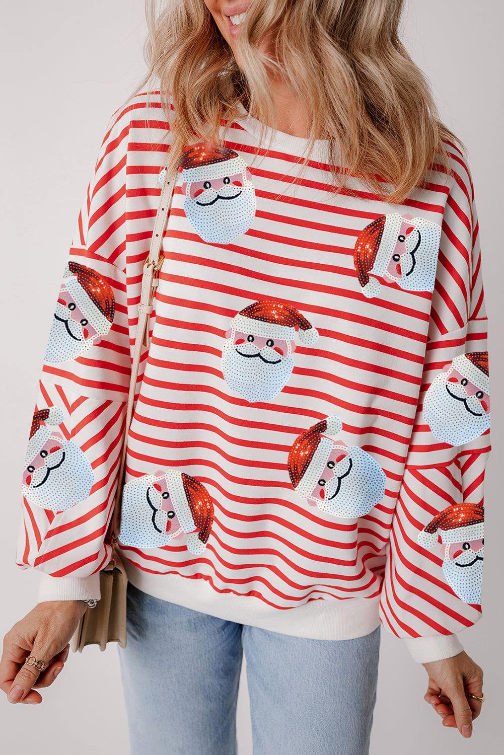 Blue Zone Planet | Orange Stripe Sequin Santa Claus Pattern Christmas Pullover Sweatshirt-Graphic/Graphic Sweatshirts-[Adult]-[Female]-Orange Stripe-S-2022 Online Blue Zone Planet