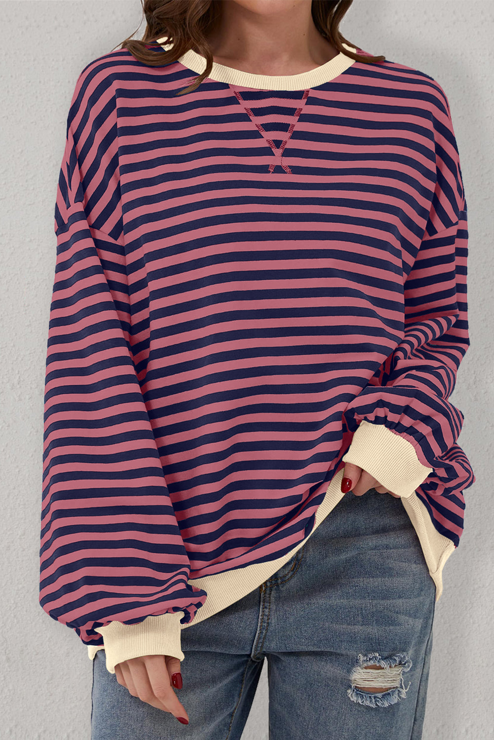 Sky Blue Stripe Oversized Contrast Trim Pullover Sweatshirt-Tops/Sweatshirts & Hoodies-[Adult]-[Female]-2022 Online Blue Zone Planet