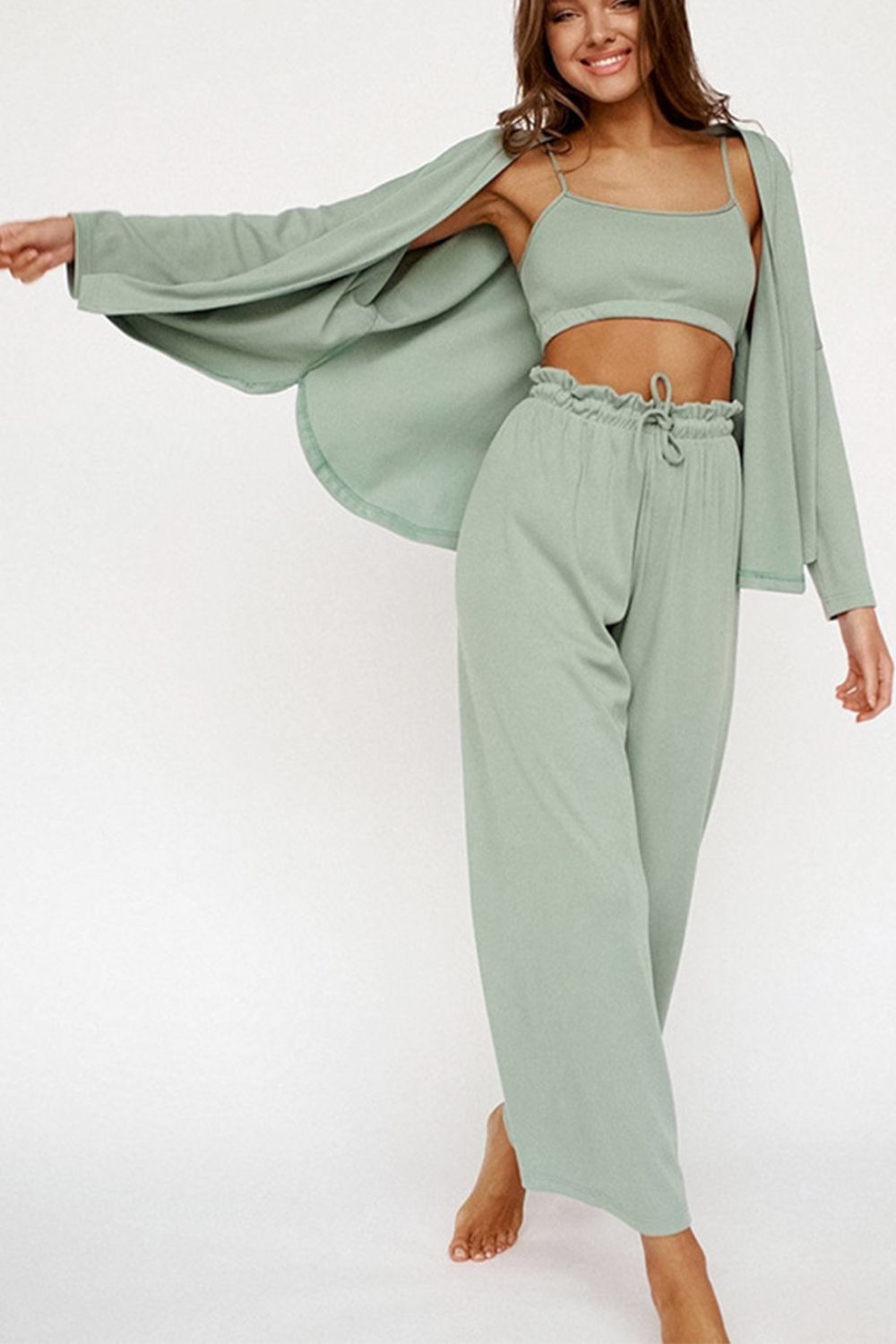 Spaghetti Strap Bra, Open Front Cardigan and Drawstring Pants Set-TOPS / DRESSES-[Adult]-[Female]-Light Green-S-2022 Online Blue Zone Planet