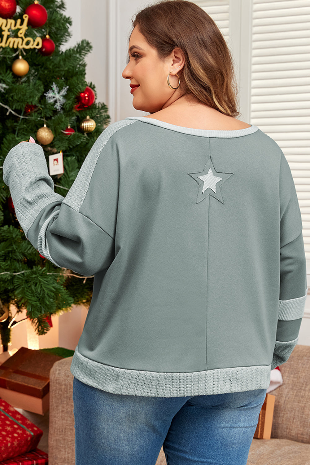 Blue Zone Planet | Mist Green Stars Patchwork Round Neck Plus Size T Shirt-TOPS / DRESSES-[Adult]-[Female]-2022 Online Blue Zone Planet