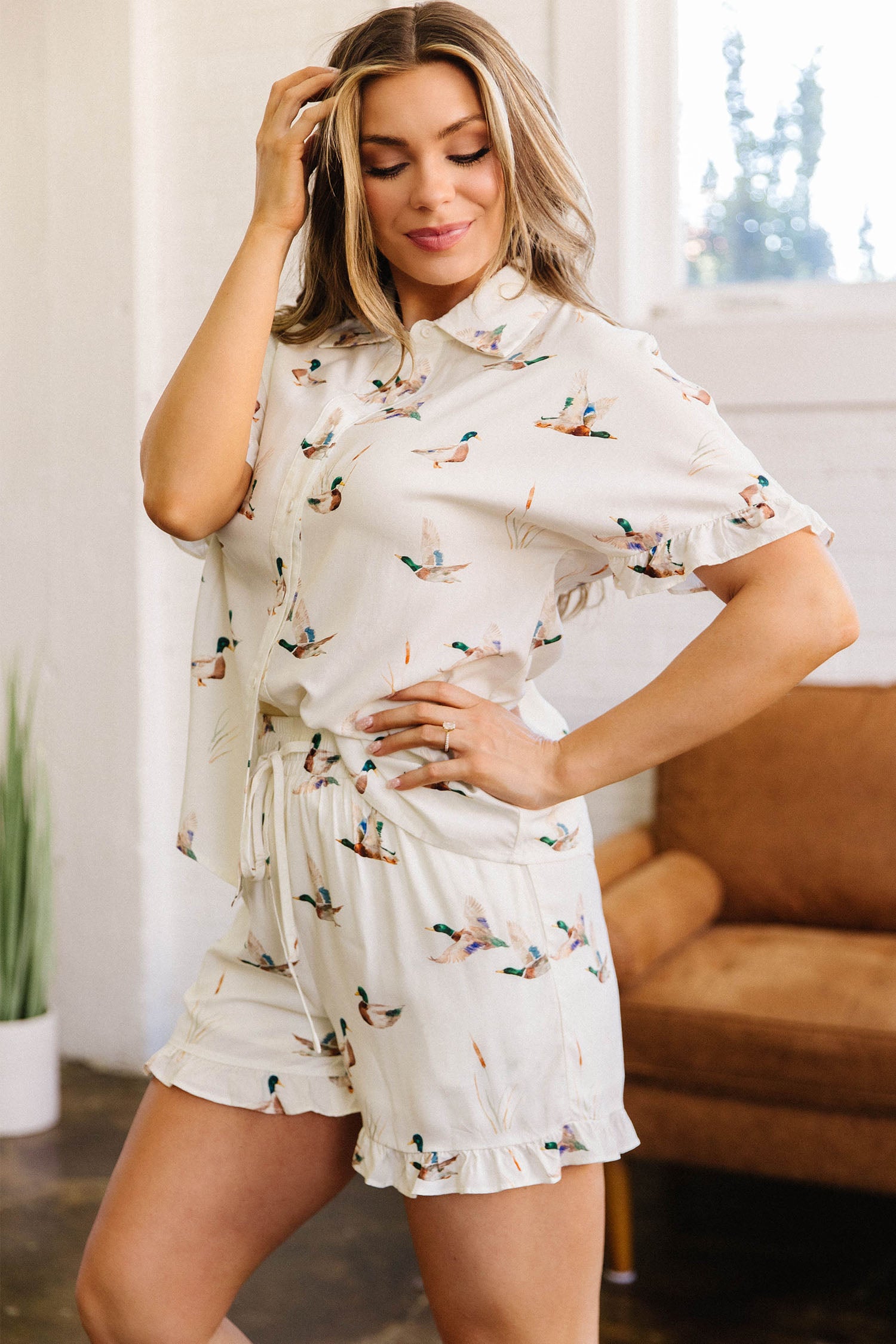 Beige Mallard Print Shirt Style Short Two Piece Set-Two Piece Sets/Short Sets-[Adult]-[Female]-2022 Online Blue Zone Planet