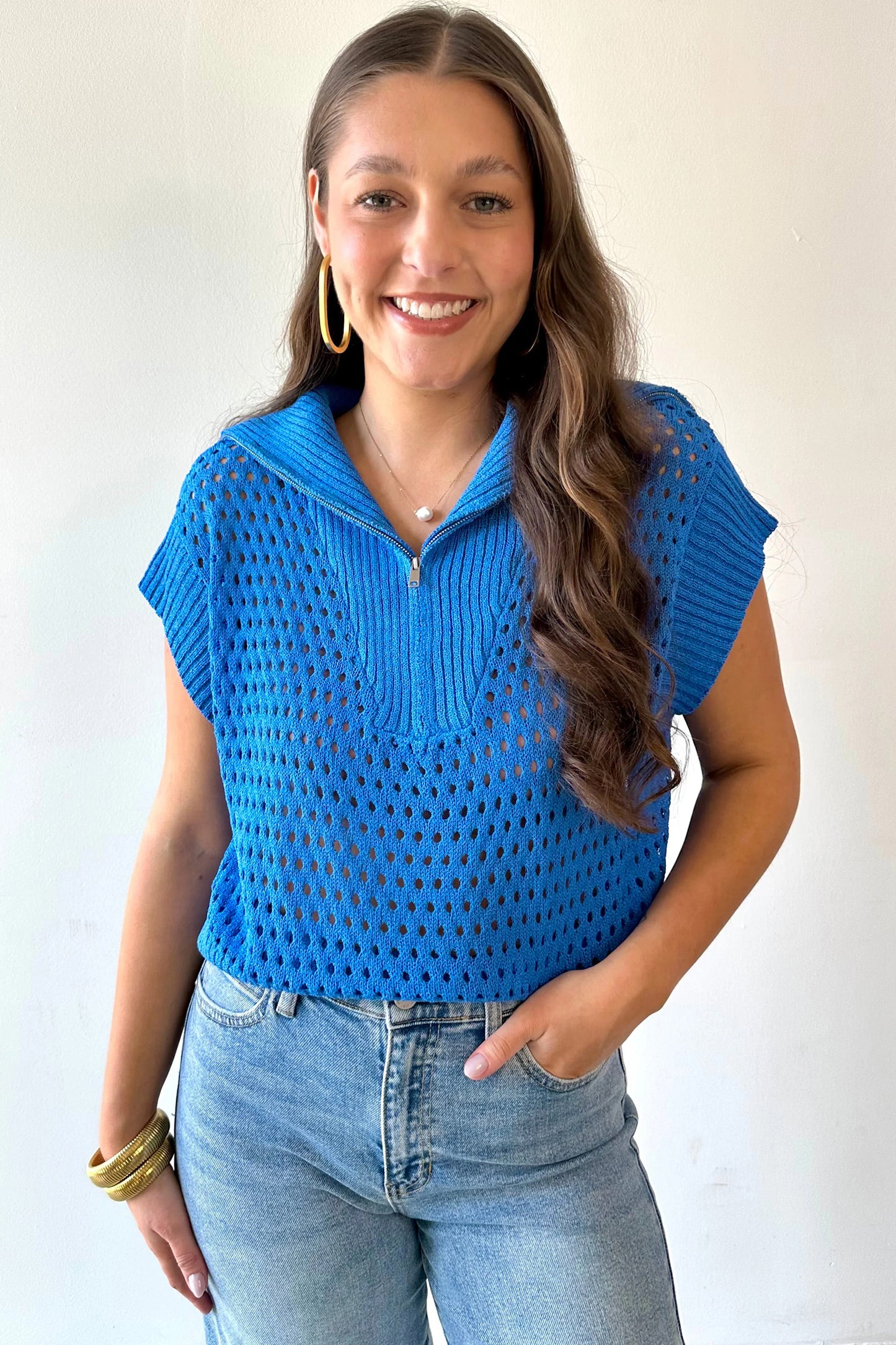 Sky Blue Solid Color Hollowed Knit Short Sleeve Zipper Collar Knitwear Top-Sweaters & Cardigans/Short Sleeve Sweaters-[Adult]-[Female]-2022 Online Blue Zone Planet