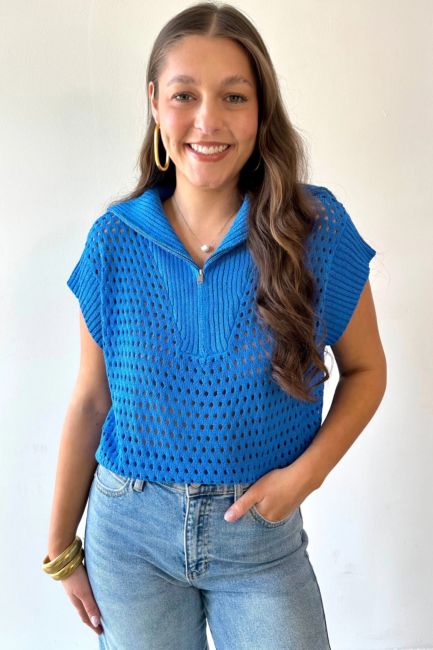 Sky Blue Solid Color Hollowed Knit Short Sleeve Zipper Collar Knitwear Top-Sweaters & Cardigans/Short Sleeve Sweaters-[Adult]-[Female]-2022 Online Blue Zone Planet