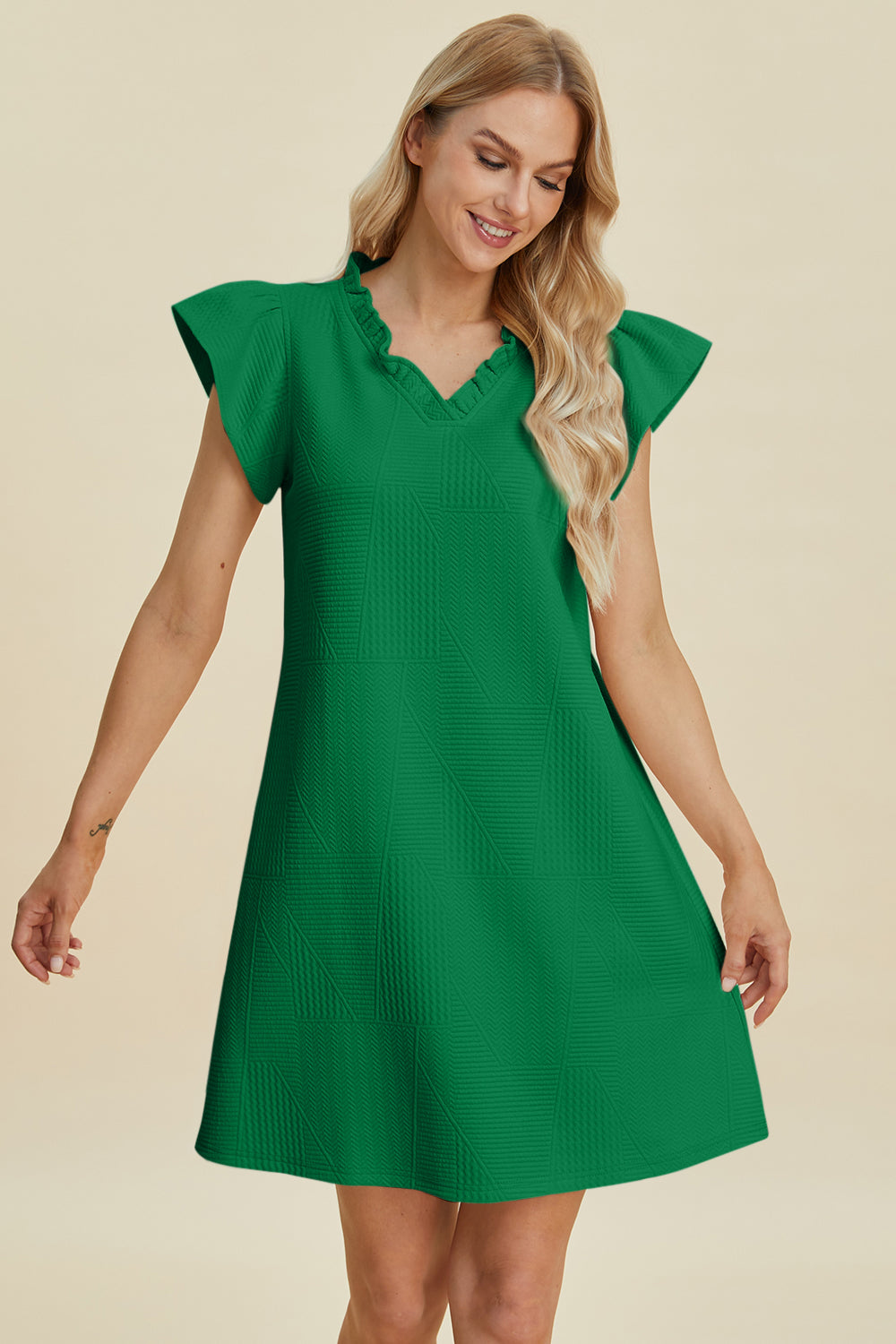 Double Take Full Size Ruffled V-Neck Cap Sleeve Dress-TOPS / DRESSES-[Adult]-[Female]-2022 Online Blue Zone Planet