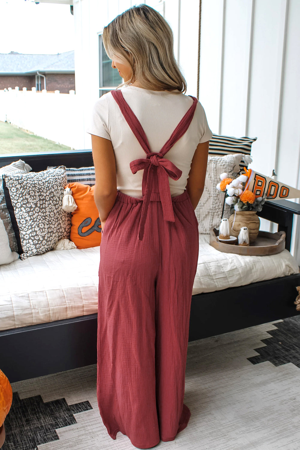 Red Clay Knotted Back Strap Cotton Bib Jumpsuit-Bottoms/Jumpsuits & Rompers-[Adult]-[Female]-2022 Online Blue Zone Planet