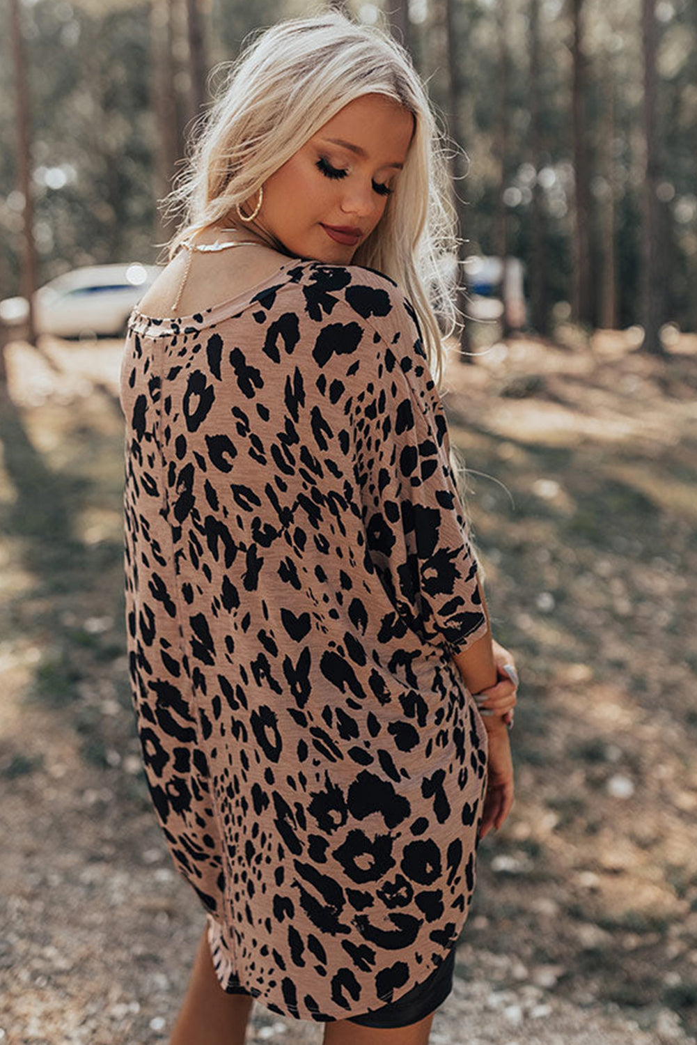 Brown Leopard Print V Neck Half Sleeve Oversized Tee-Tops/Tops & Tees-[Adult]-[Female]-2022 Online Blue Zone Planet