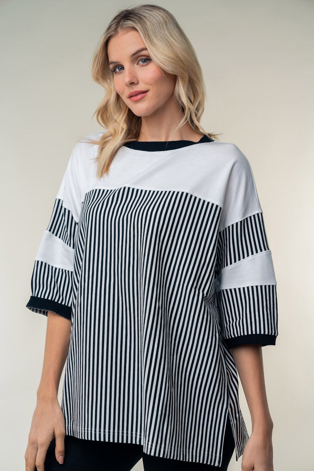 White Birch Full Size Striped Contrast Round Neck Top-TOPS / DRESSES-[Adult]-[Female]-2022 Online Blue Zone Planet