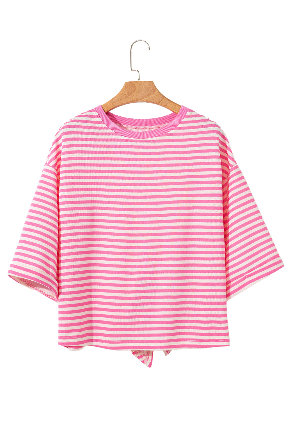 Pink Stripe Bowknot Cutout Back Drop Shoulder Wide Bracelet Sleeve Loose Tee-Tops/Tops & Tees-[Adult]-[Female]-2022 Online Blue Zone Planet
