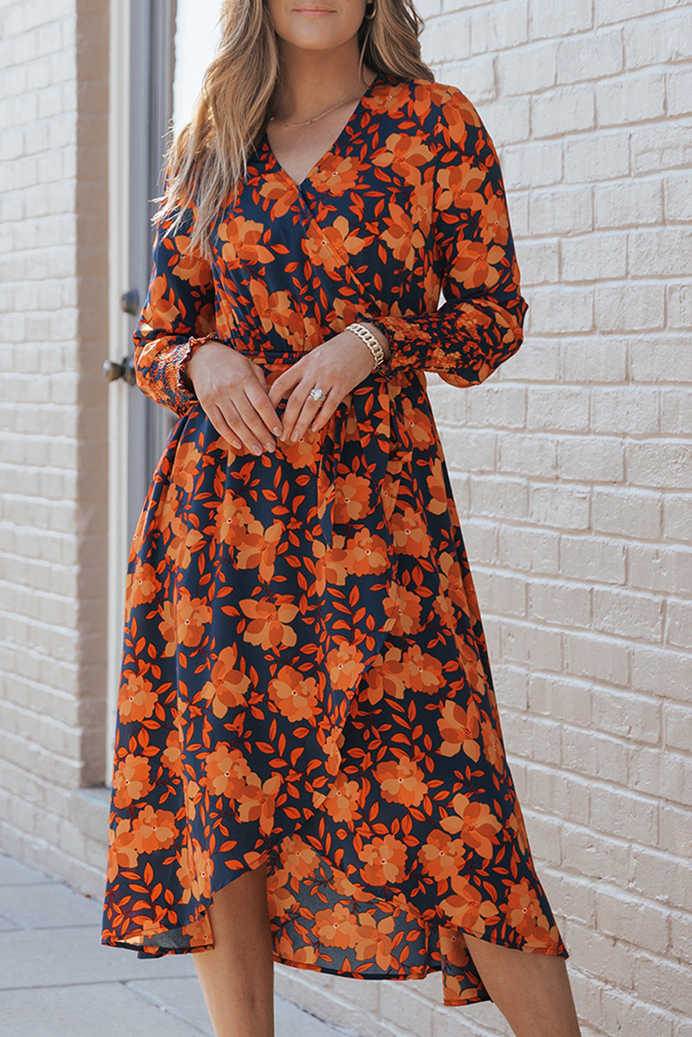 Blue Zone Planet | Orange Floral Print Faux Wrap Belted Dress-TOPS / DRESSES-[Adult]-[Female]-2022 Online Blue Zone Planet