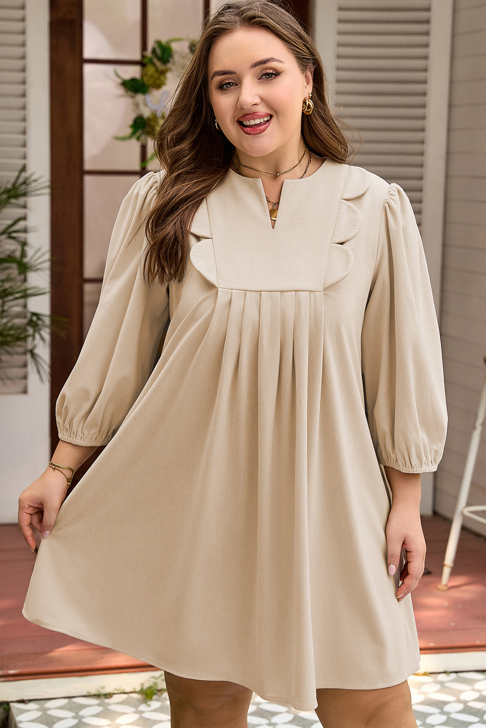 Parchment Notched Neck Scallop Detail Plus Size Mini Dress-TOPS / DRESSES-[Adult]-[Female]-2022 Online Blue Zone Planet