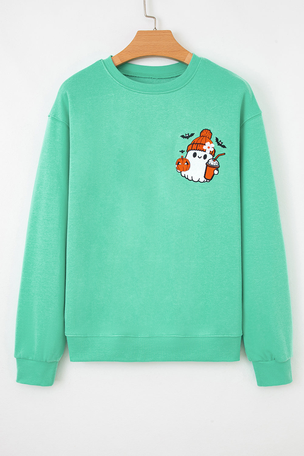 Aruba Blue Cute Halloween Ghost Embroidered Casual Sweatshirt-Tops/Sweatshirts & Hoodies-[Adult]-[Female]-2022 Online Blue Zone Planet