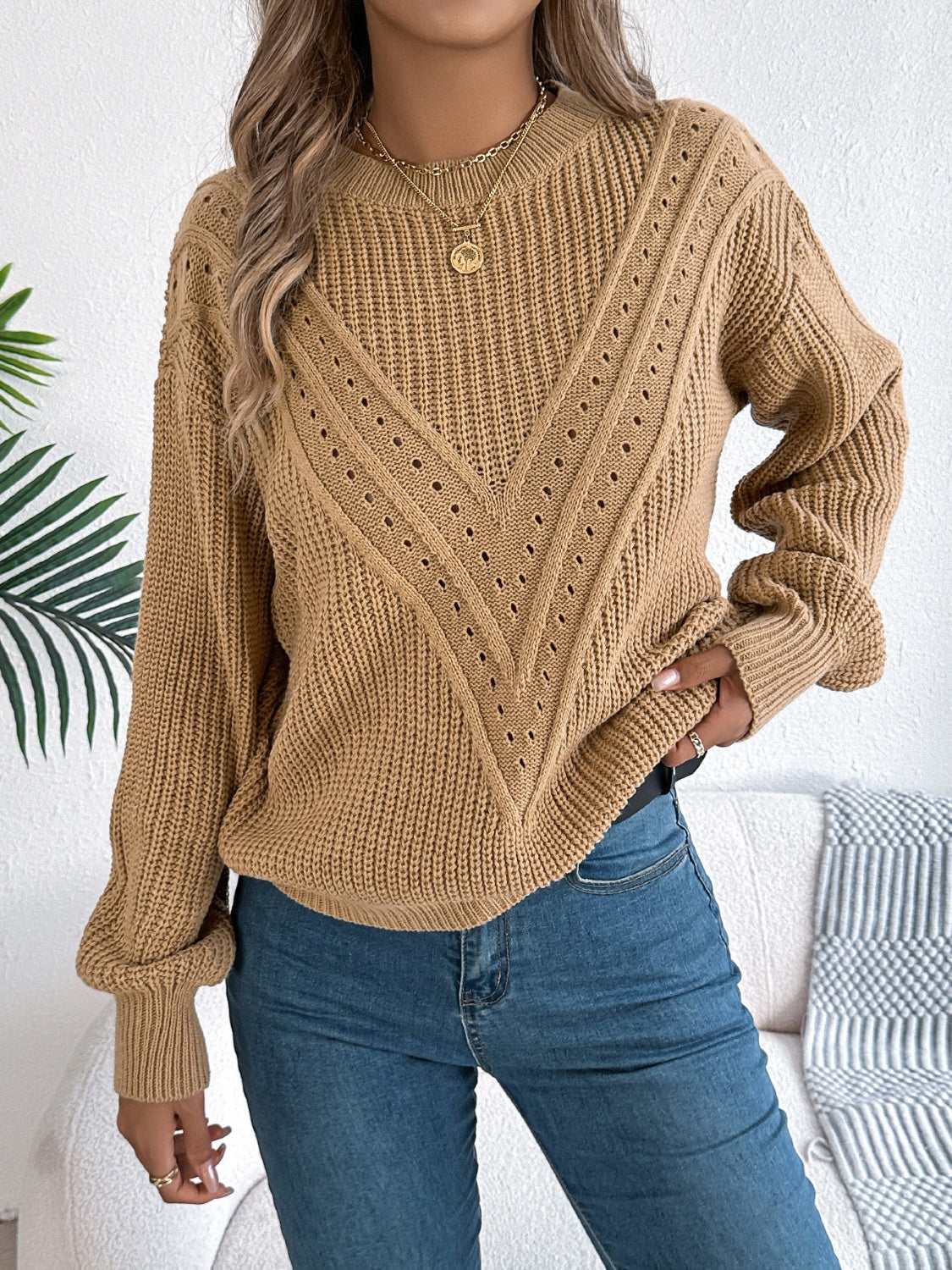 Openwork Round Neck Long Sleeve Sweaters Openwork Round Neck Long Sleeve Sweaters