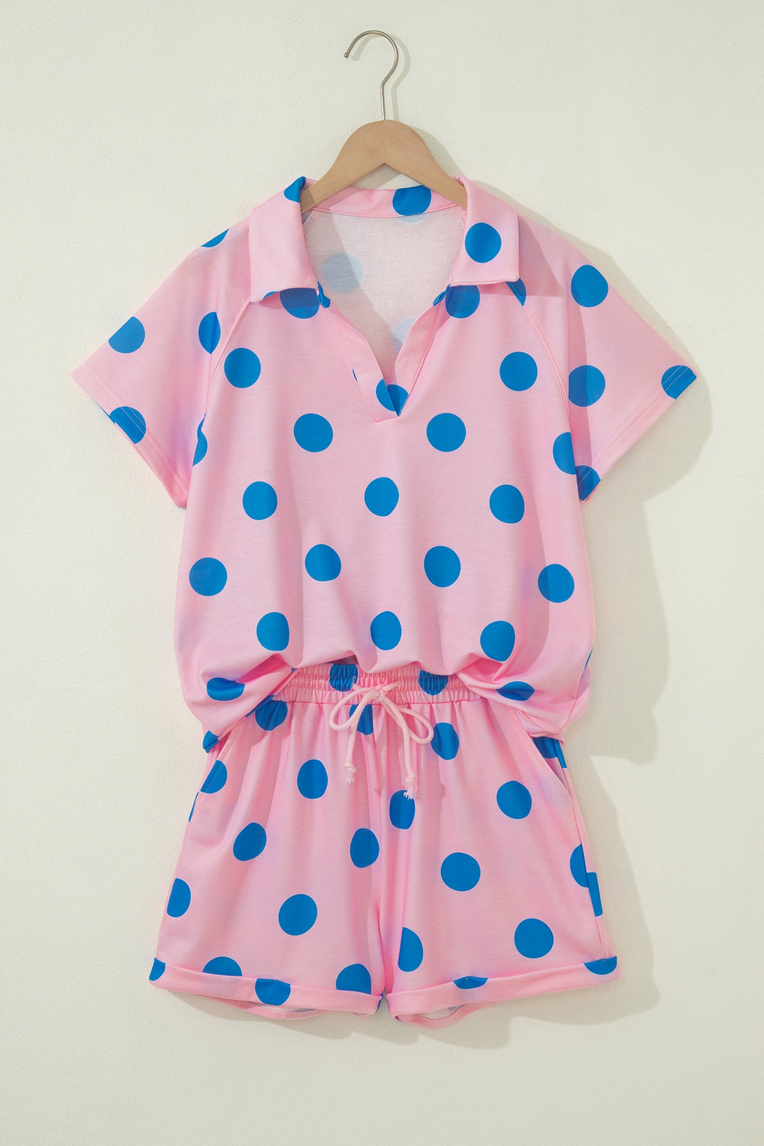 Beige Polka Dot Print V Neck Tee Short Set-Two Piece Sets/Short Sets-[Adult]-[Female]-2022 Online Blue Zone Planet
