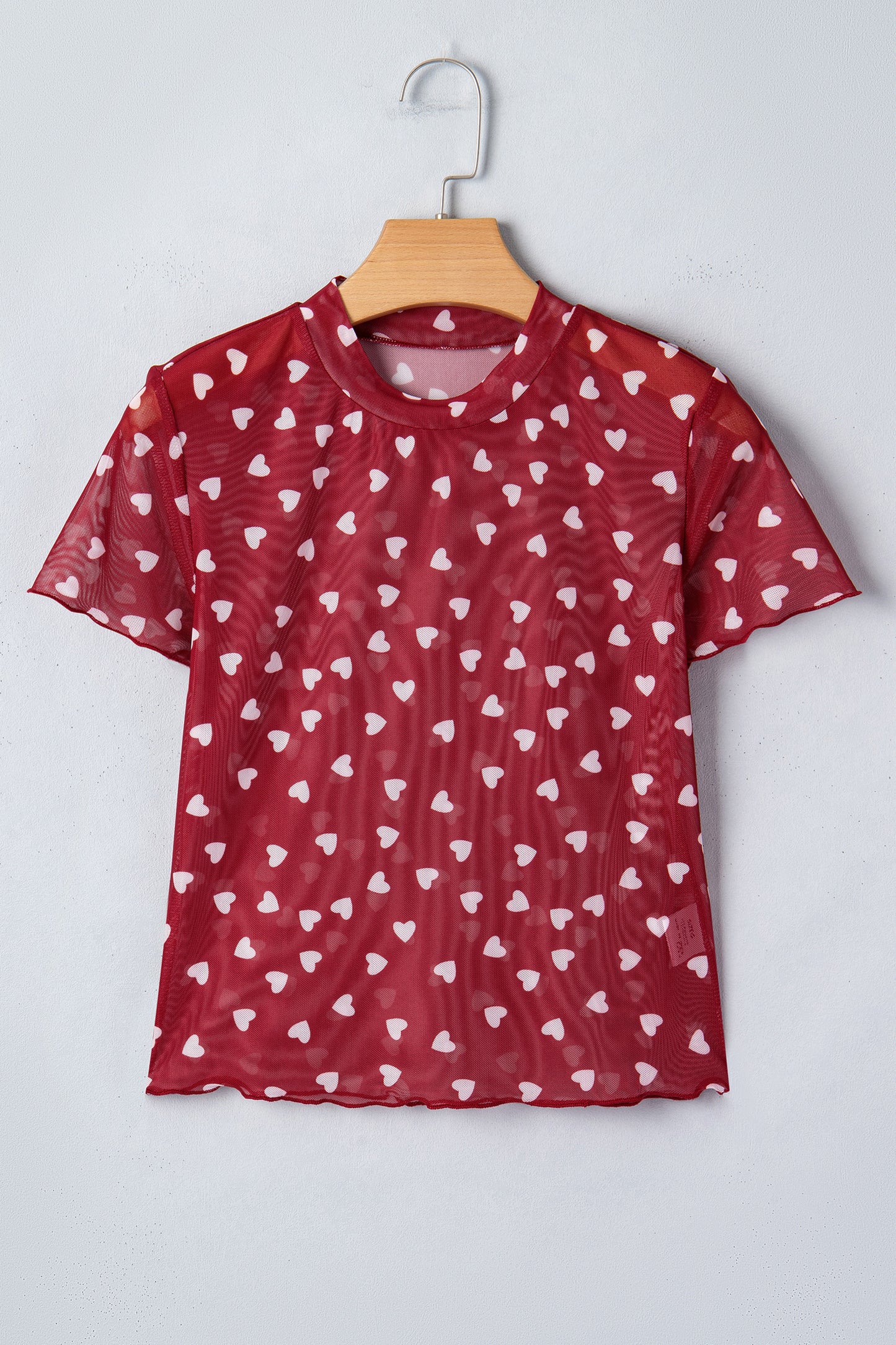 Racing Red Allover Heart Print Mesh Short Sleeve Top-Tops/Tops & Tees-[Adult]-[Female]-2022 Online Blue Zone Planet