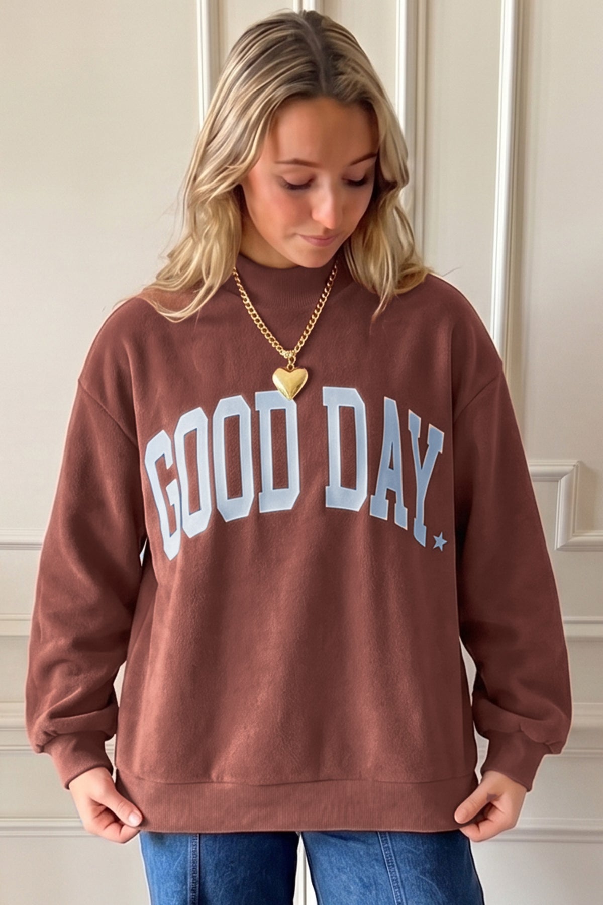 Clay Polka Dot/GOOD DAY Print Reversible Mock Neck Pullover Sweatshirt-Tops/Sweatshirts & Hoodies-[Adult]-[Female]-2022 Online Blue Zone Planet