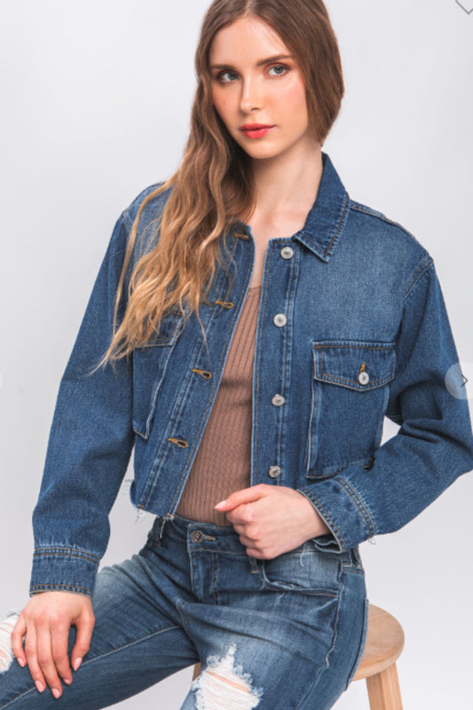 Love Tree Raw Hem Button Up Cropped Denim Jacket-TOPS / DRESSES-[Adult]-[Female]-BLUE-S-2022 Online Blue Zone Planet