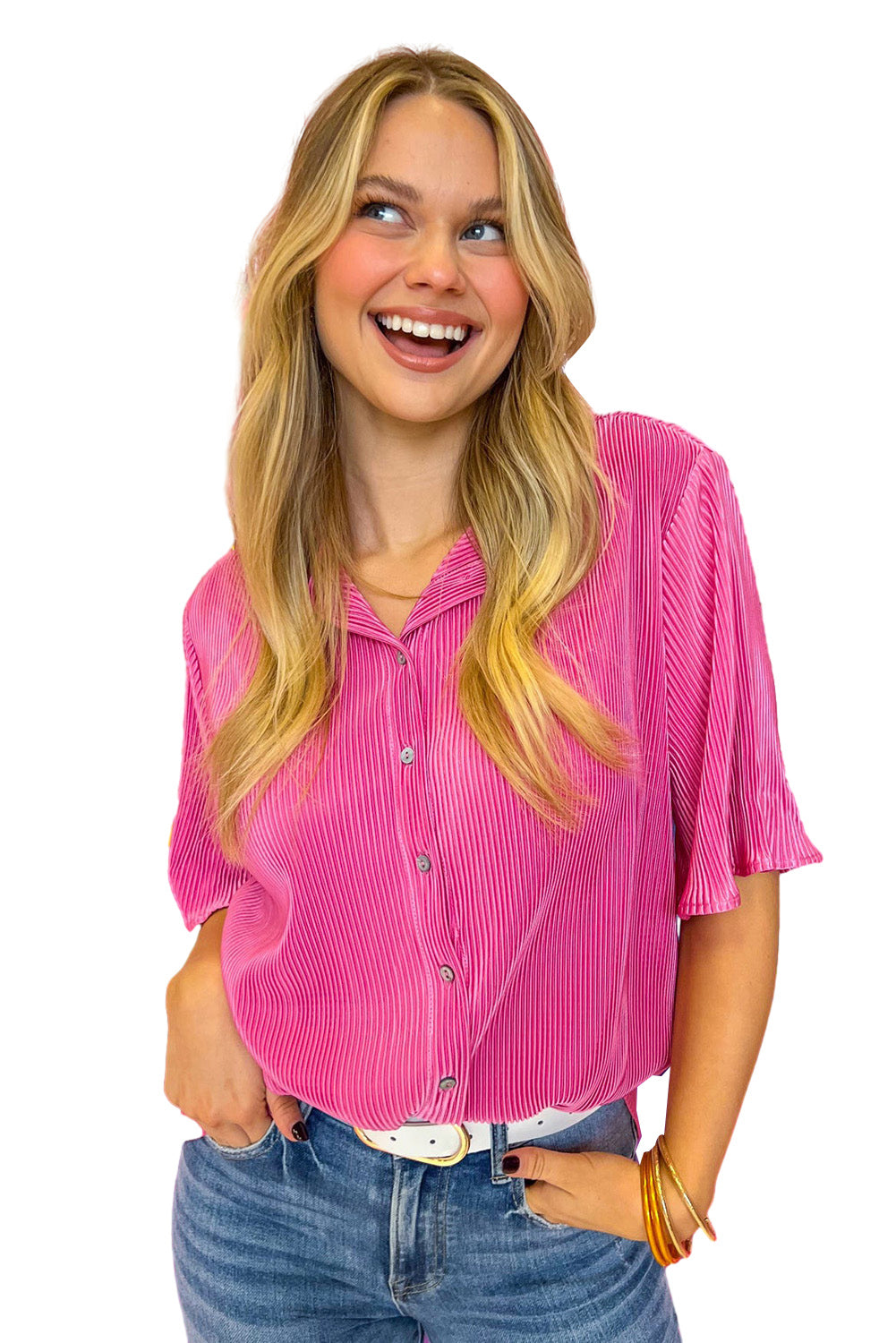 Blue Zone Planet |  Bright Pink Satin Pleated Short Sleeve Shirt Blue Zone Planet