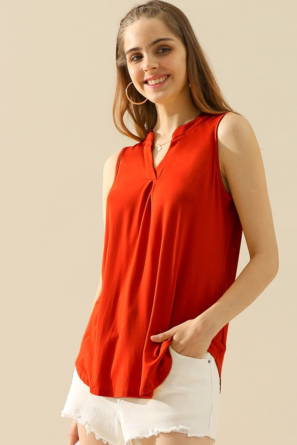 Blue Zone Planet | Ninexis Full Size Notched Sleeveless Top-TOPS / DRESSES-[Adult]-[Female]-RED-S-2022 Online Blue Zone Planet