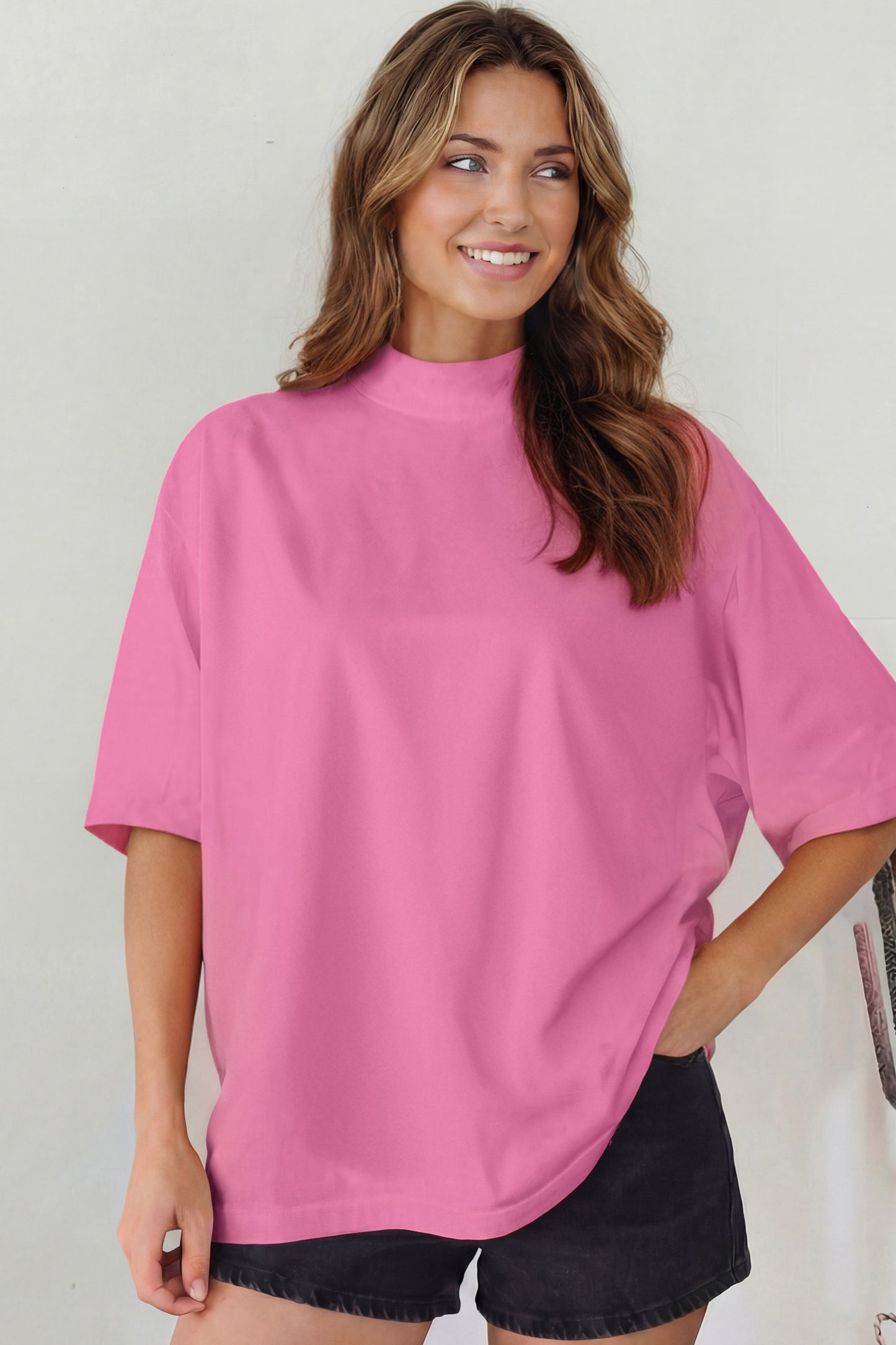 Pink Solid Color High Neck Oversize Tee-Tops/Tops & Tees-[Adult]-[Female]-2022 Online Blue Zone Planet