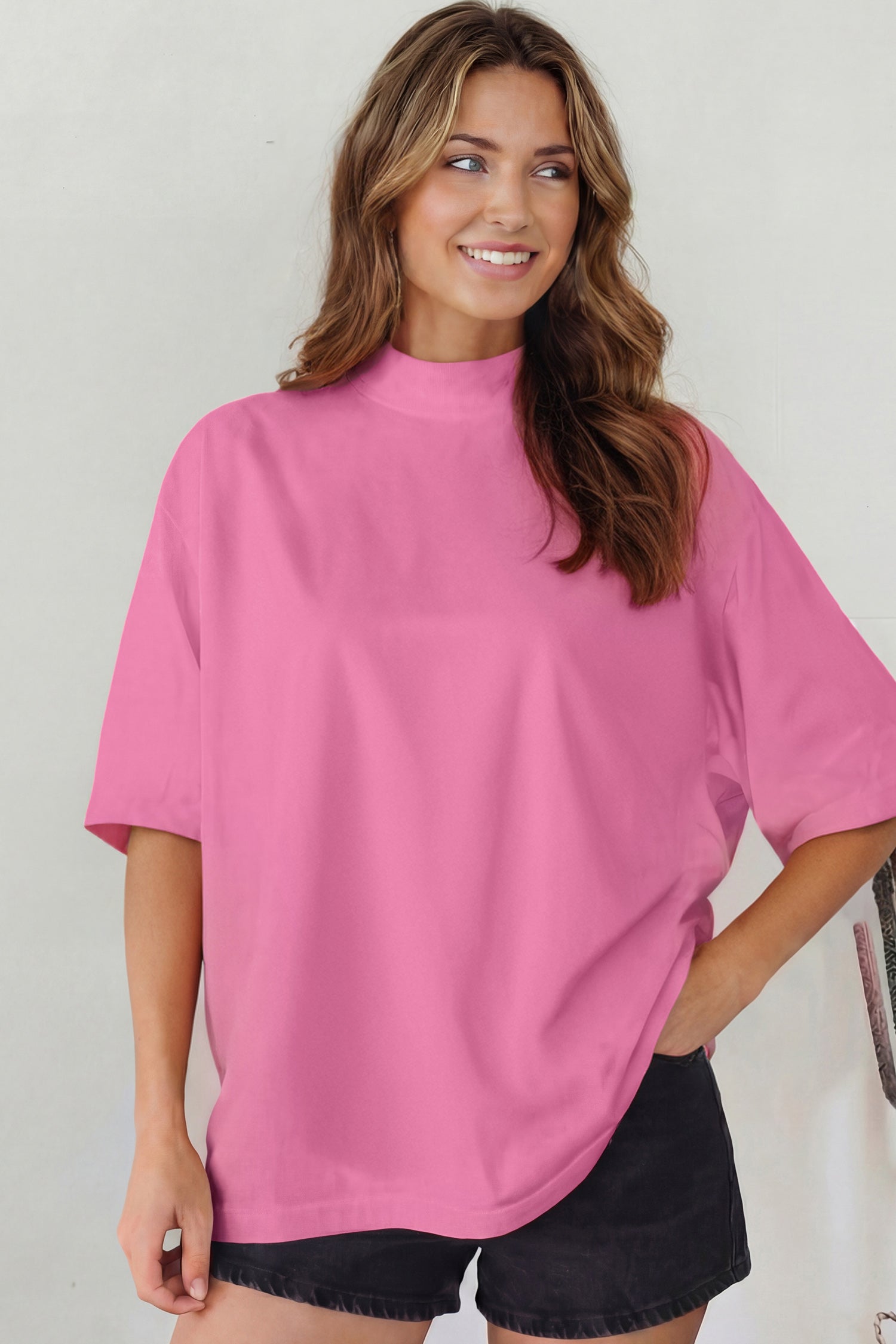 Pink Solid Color High Neck Oversize Tee-Tops/Tops & Tees-[Adult]-[Female]-2022 Online Blue Zone Planet
